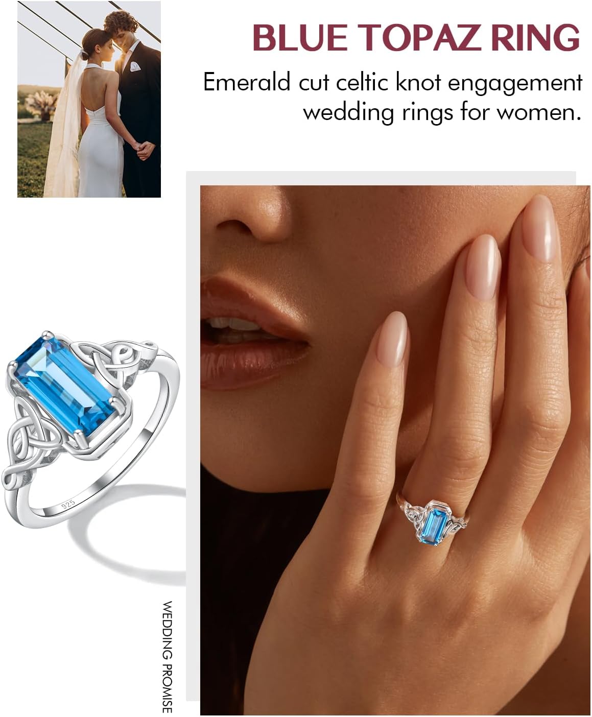 DAYBYDAY Celtic Birthstone Rings for Women, 925 Sterling Silver/18K Gold Plated Emerald Cut Celtic Knot Engagement Wedding Ring, Square Created Gemstone Promise Rings for Her Size 6-10 - Image 2