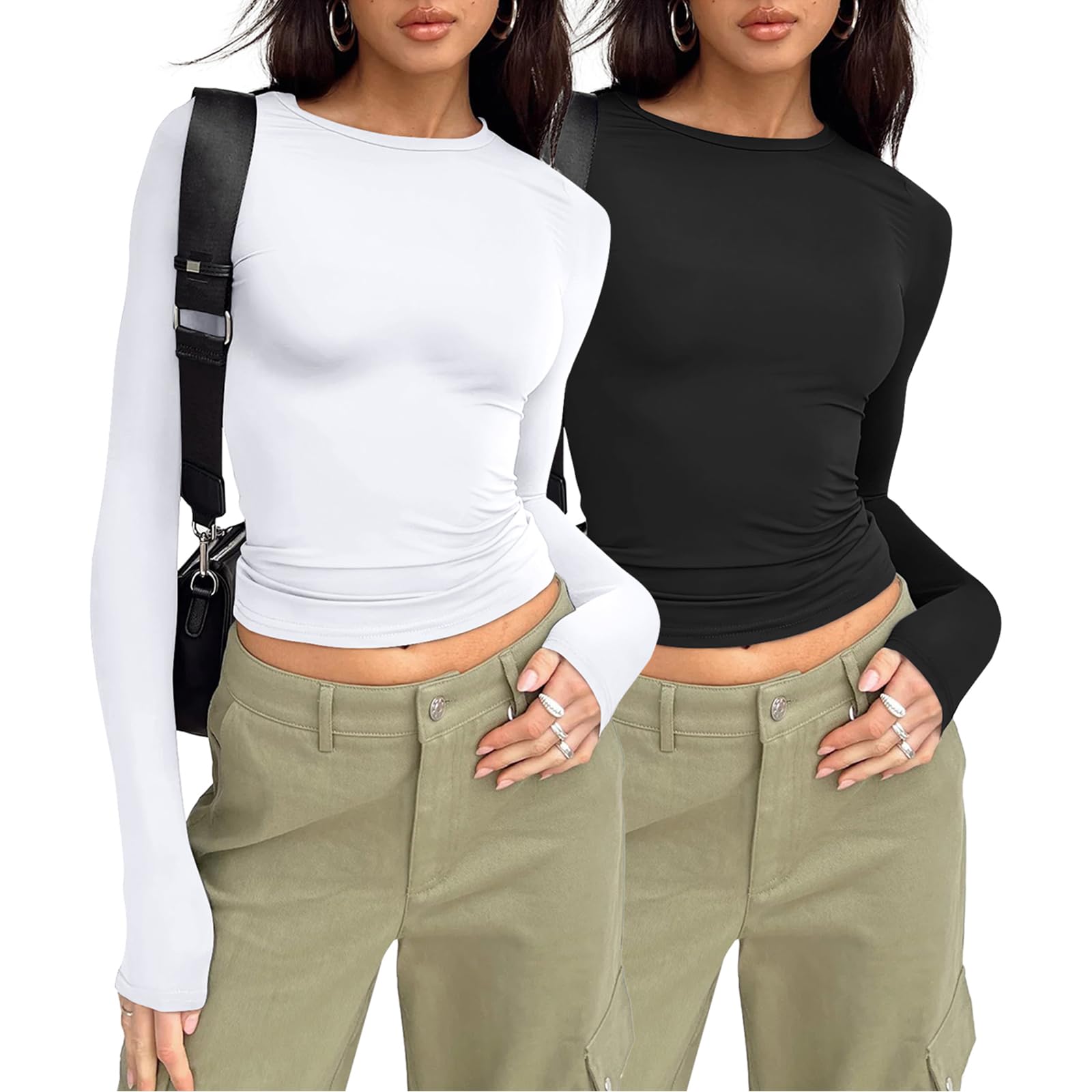 SKYZOOTwo Piece Long Sleeve Shirts for Women 2024 Casual Fitted Basic Fall Fashion Crop Tops