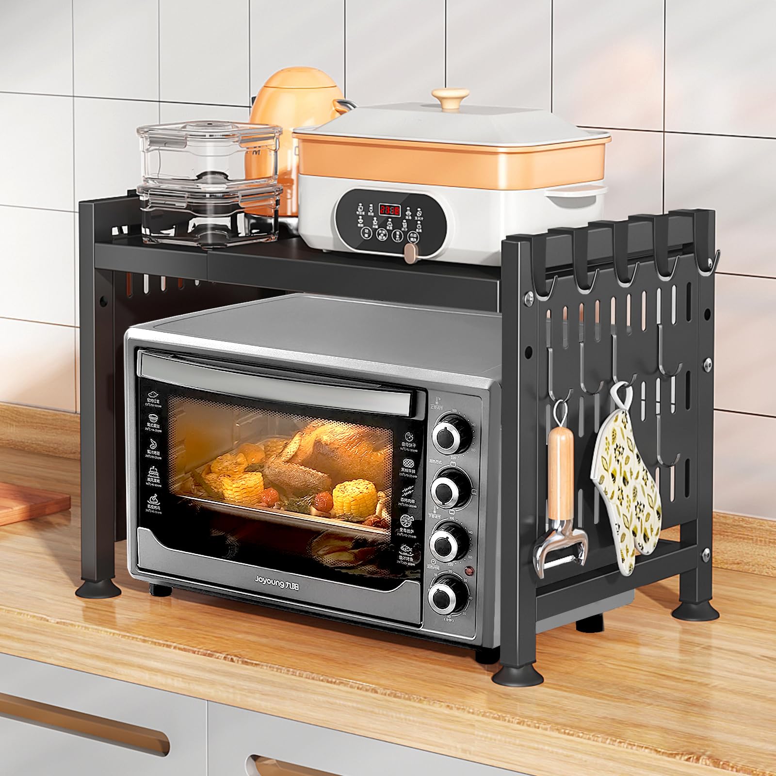 UCAMP Soporte Extensible para Microondas,Soporte para Microondas y Horno Cocina,Estante para Microondas de Acero Al Carbono,Organizador Estanteria Mueble,Estante Microondas con 10 Ganchos
