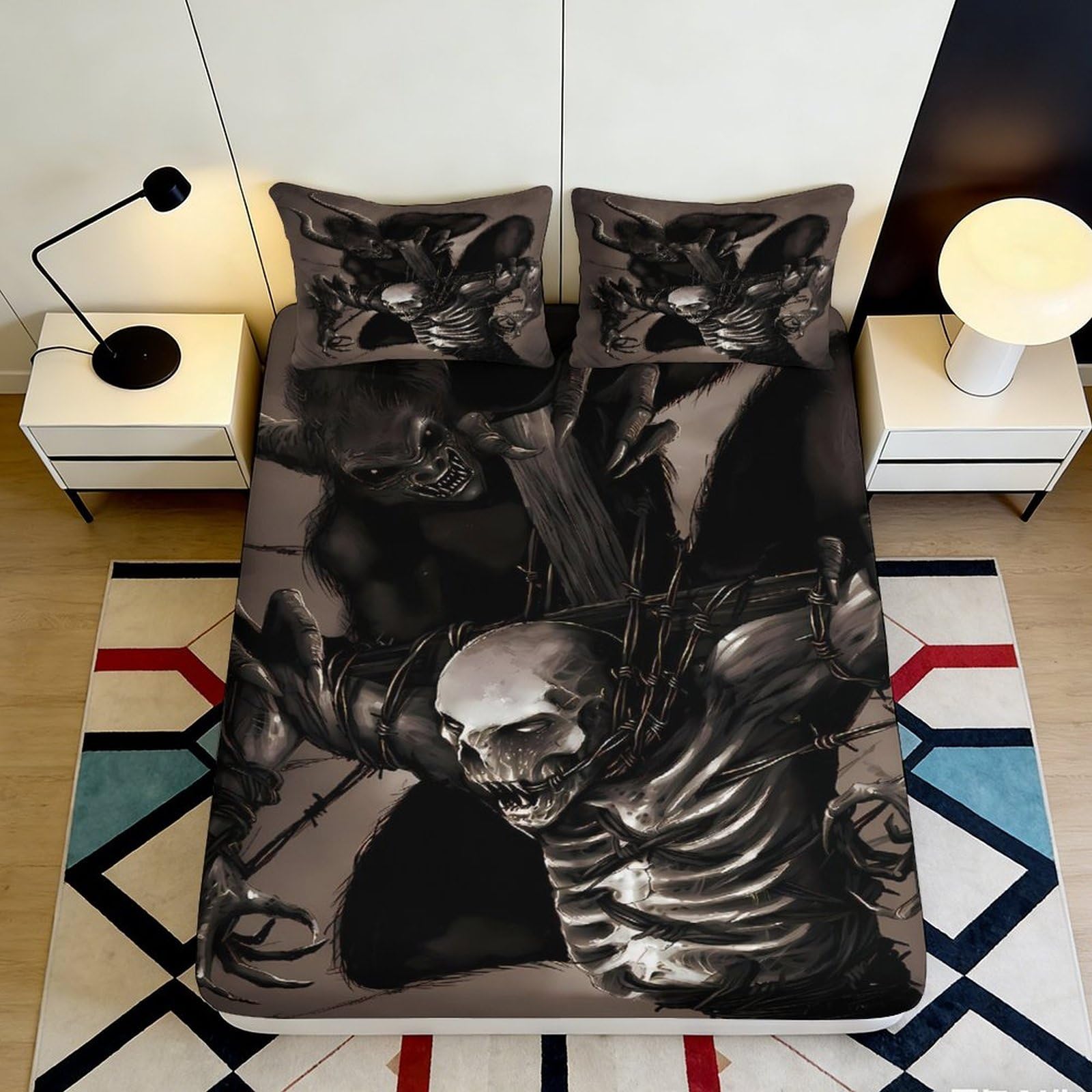 3D Printed Gothic Skull Fitted Sheet Microfiber Deep Pocket Non-Slip Bedroom Bedding Matte Skull Mattress Fitted Cover for Adults Teens Washable 90x200x25cm
