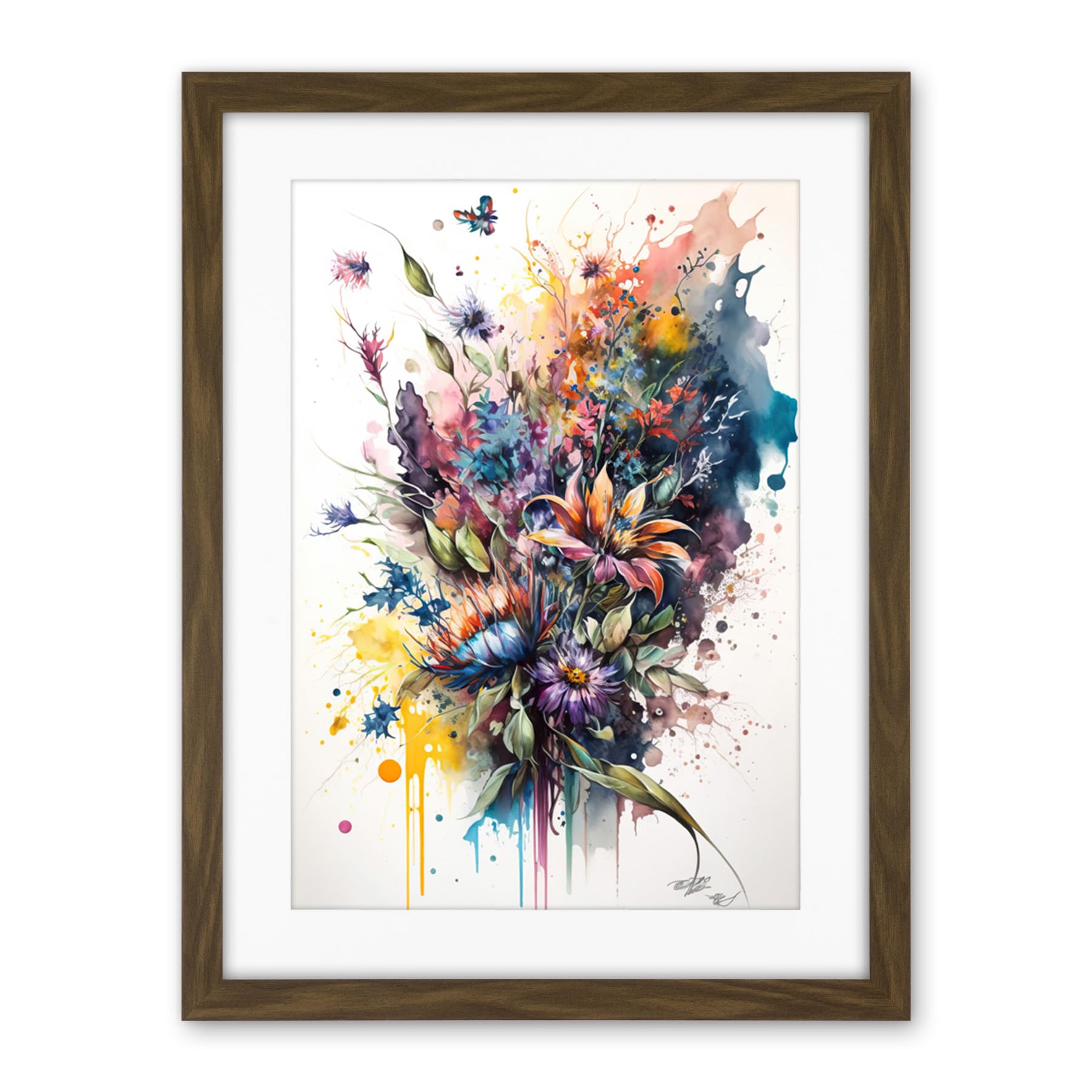 Artery8 Flower Bouquet Illustration over Watercolour Splat Artwork Framed Wall Art Print 18X24 Inch