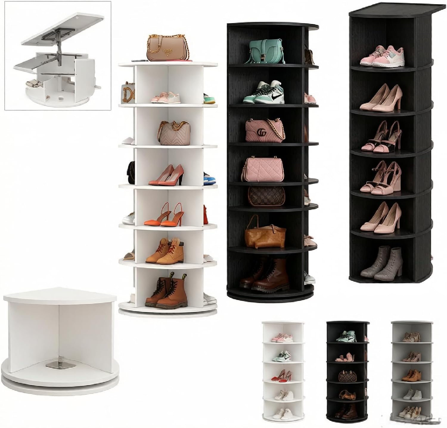 Rotating Shoe Rack, Multi-Layer Dust-Proof Storage Organizer, 360 Degree Rotation, Space Saving, for Shoes Bags Hats, Black/White