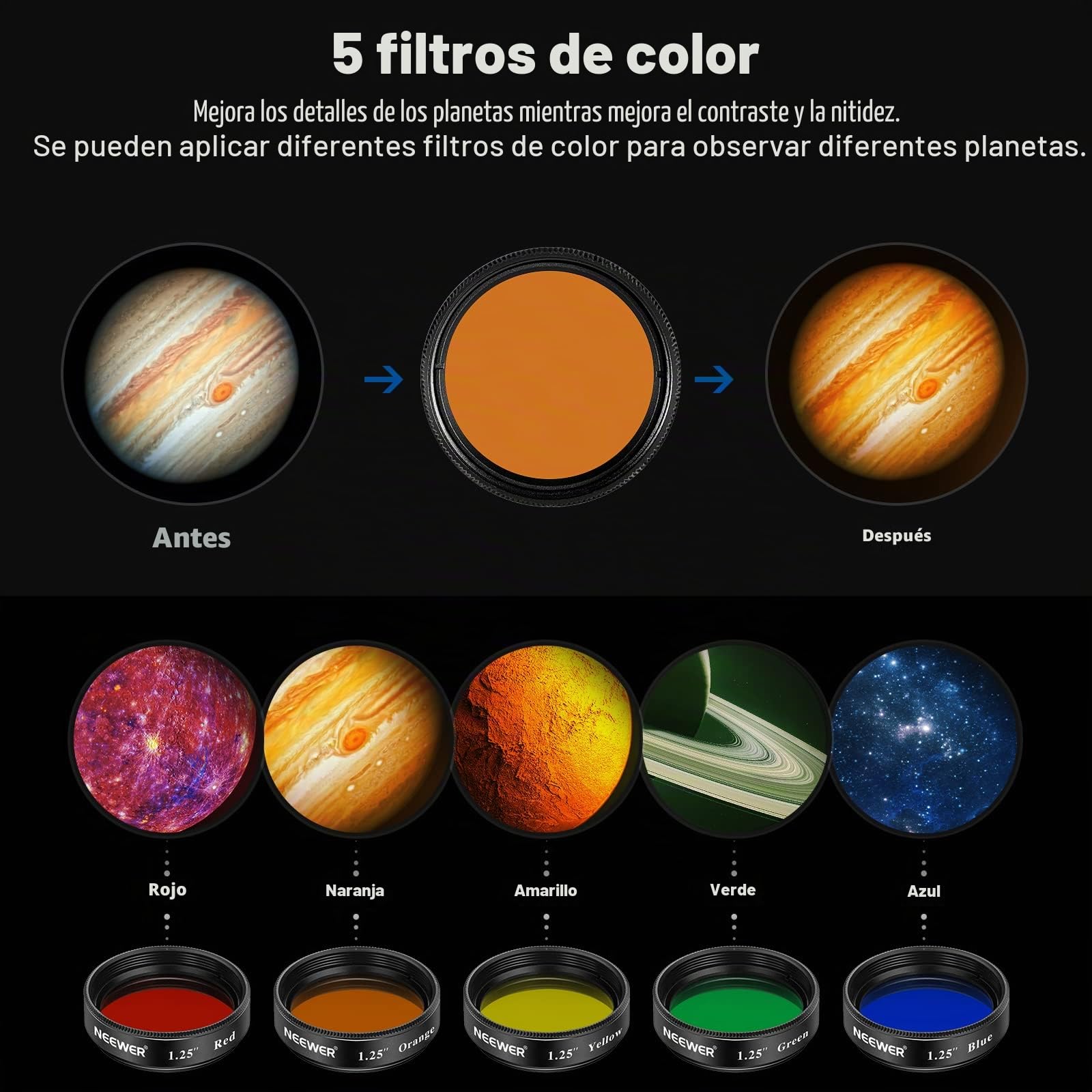 NEEWER Juego de 7 Filtros de Telescopio de 1,25", Que Incluye 5 Filtros de Color (Rojo/Naranja/Amarillo/Verde/Azul), Filtro Lunar Starglow, Filtro CPL para Observación Lunar y Astrofotografía