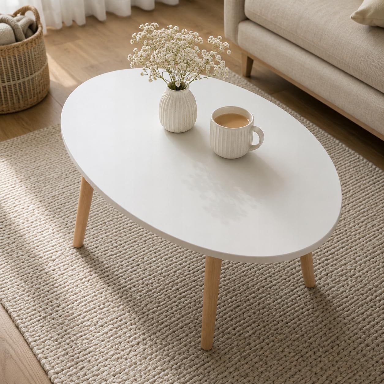 P&P Furniture - Mesa de centro ovalada de madera escandinava, 70 x 50 cm, color blanco, pequeña, mesa de salón, sofá, mesa blanca, madera, moderna
