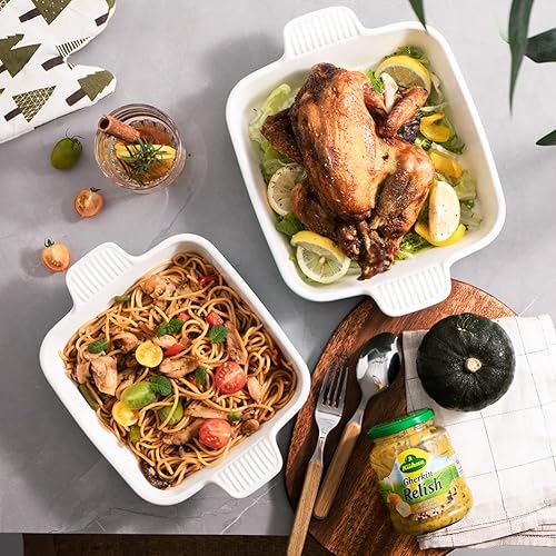 Miniatura 6 de SWEEJAR Plato de cerámica para hornear, molde para hornear pasteles de 8 x 8 pulgadas para brownie, utensilios cuadrados de porcelana con doble asa