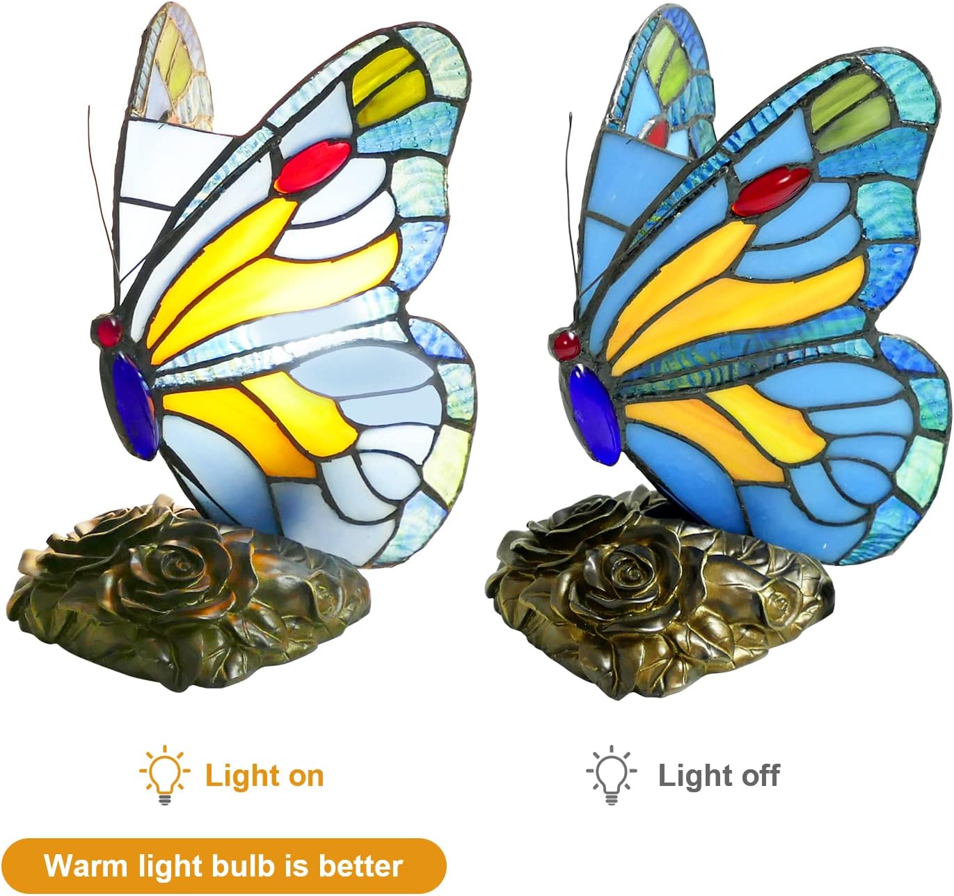 Tiffany Style Blue Butterfly Table Lamp, 6" Wide 9" Tall Handmade Stained Glass Night Light with Rose Carved Base, LED Bulb Included, Small Accent Lamp for Bedroom Living Room Office Decor