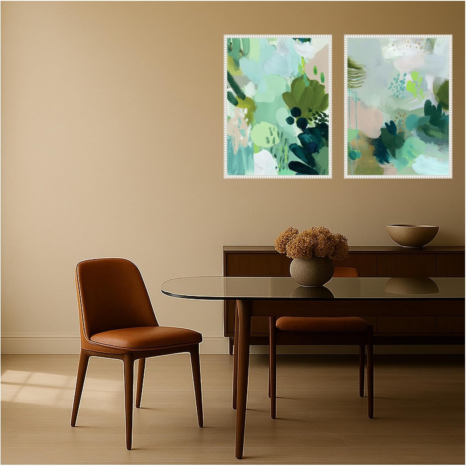 Kate and Laurel Green Composition I & II 2 Piece Framed Canvas Wall Art Set by Amy Lighthall, Sylvie Beaded White Modern Contemporary, Abstract Art for Wall Decor