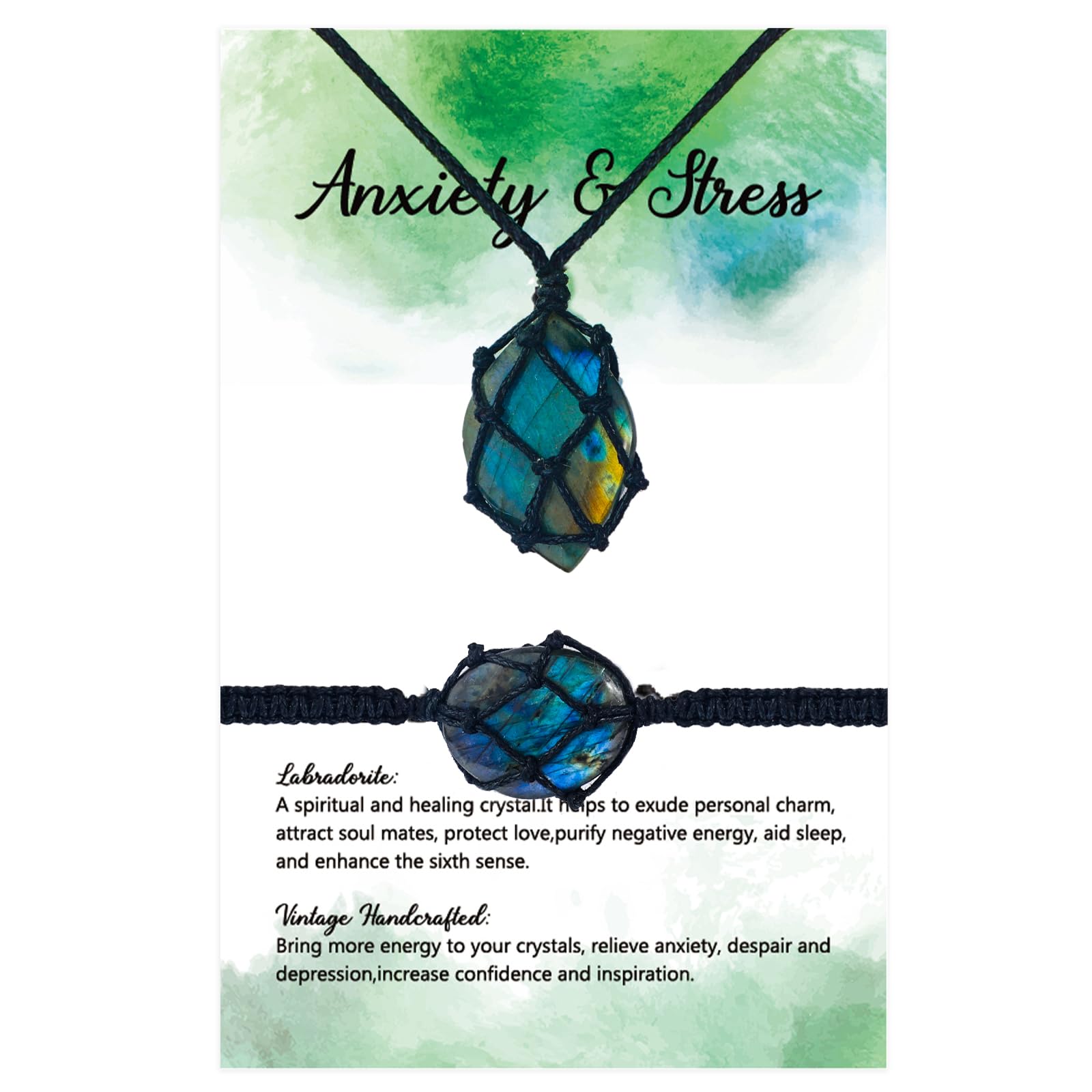 2 Pcs Healing Crystal Necklace and Bracelet Natural Crystal Necklace Women Gift with Woven Rope and Card for Women Men