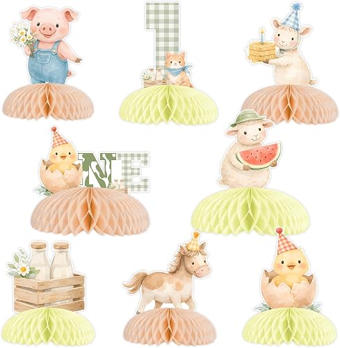 TWO WILD Farm Birthday Decorations 8pcs Farm Animal 1st Birthday Decors Honeycom