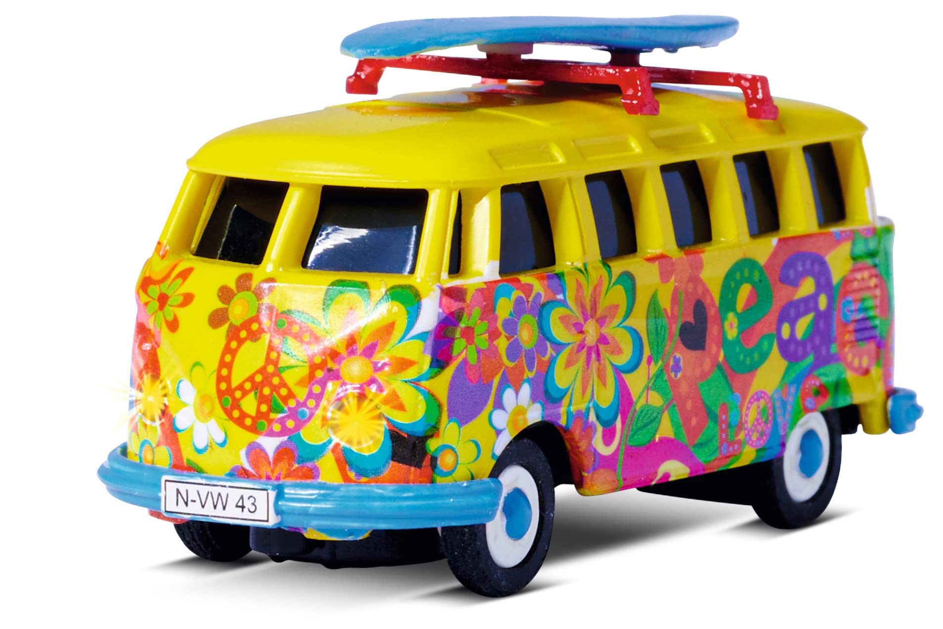 Carson 500504150 1:87 VW T1 Bus Flower Power 100% RTR - Fahrfertiges Modell, 2.4 GHz Fernsteuerung mit Ladeanschluss, inkl. 4xAAA Senderbatterien, mit LED Beleuchtung, Anleitung