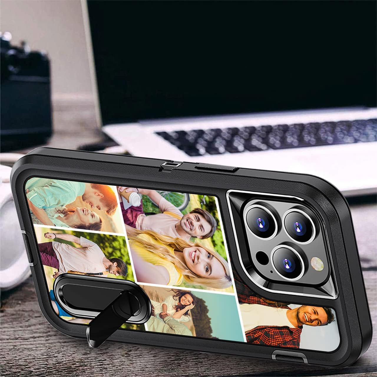 Custom Phone Case for iPhone XR, Anti-Scratch Shock-Resistant Protective Phone Case with Stand Personalized Customized Multi-Picture Cover Anniversary Xmas Birthday Present Gift, Black