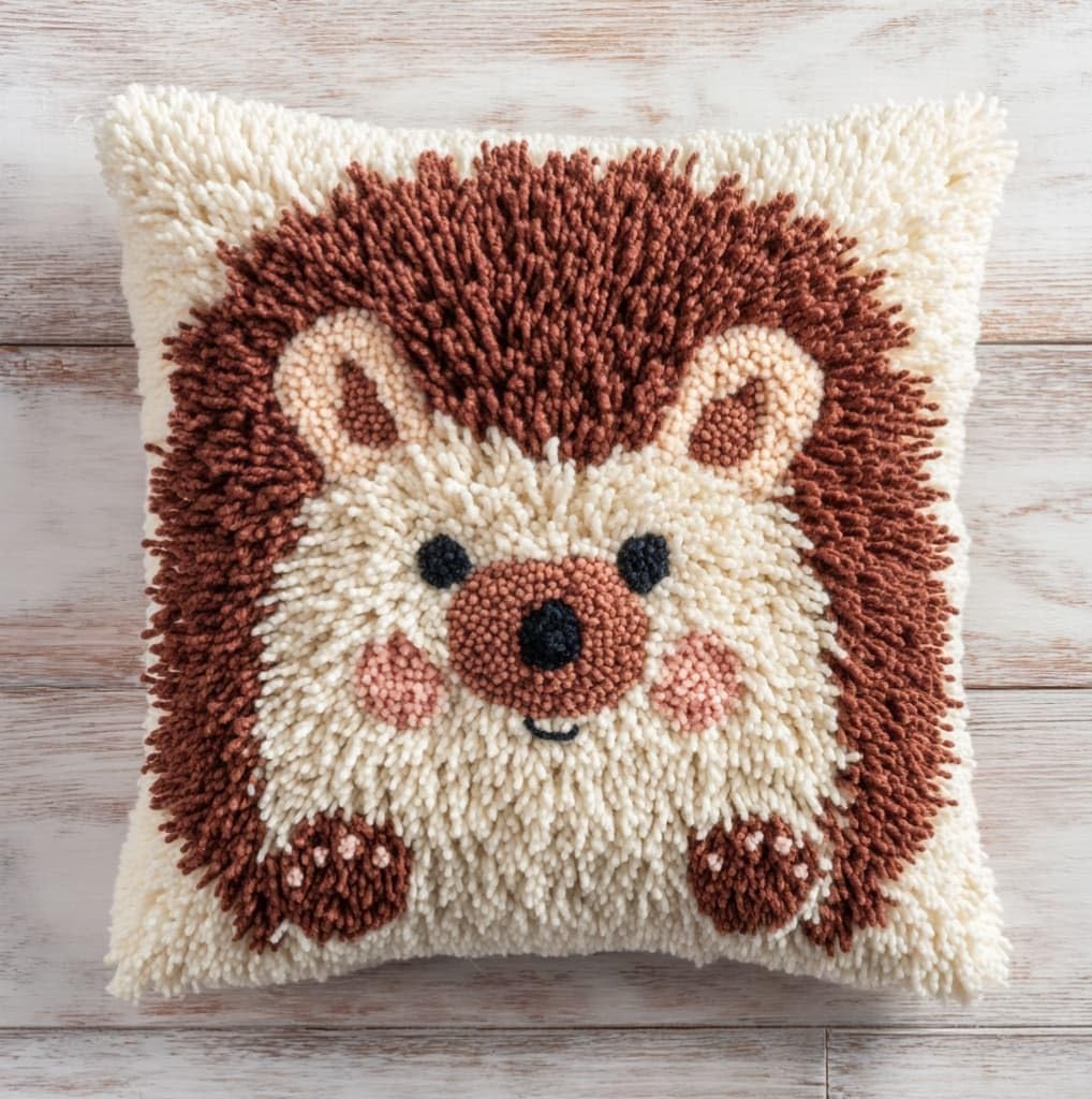 WallustrioaW DIY Latch Hook Kits for Adults,Animal Hedgehog,Pillow Cover Kit Needlework Cushion Cover Hand Craft Crochet for Home Sofa Decorations,17x17in