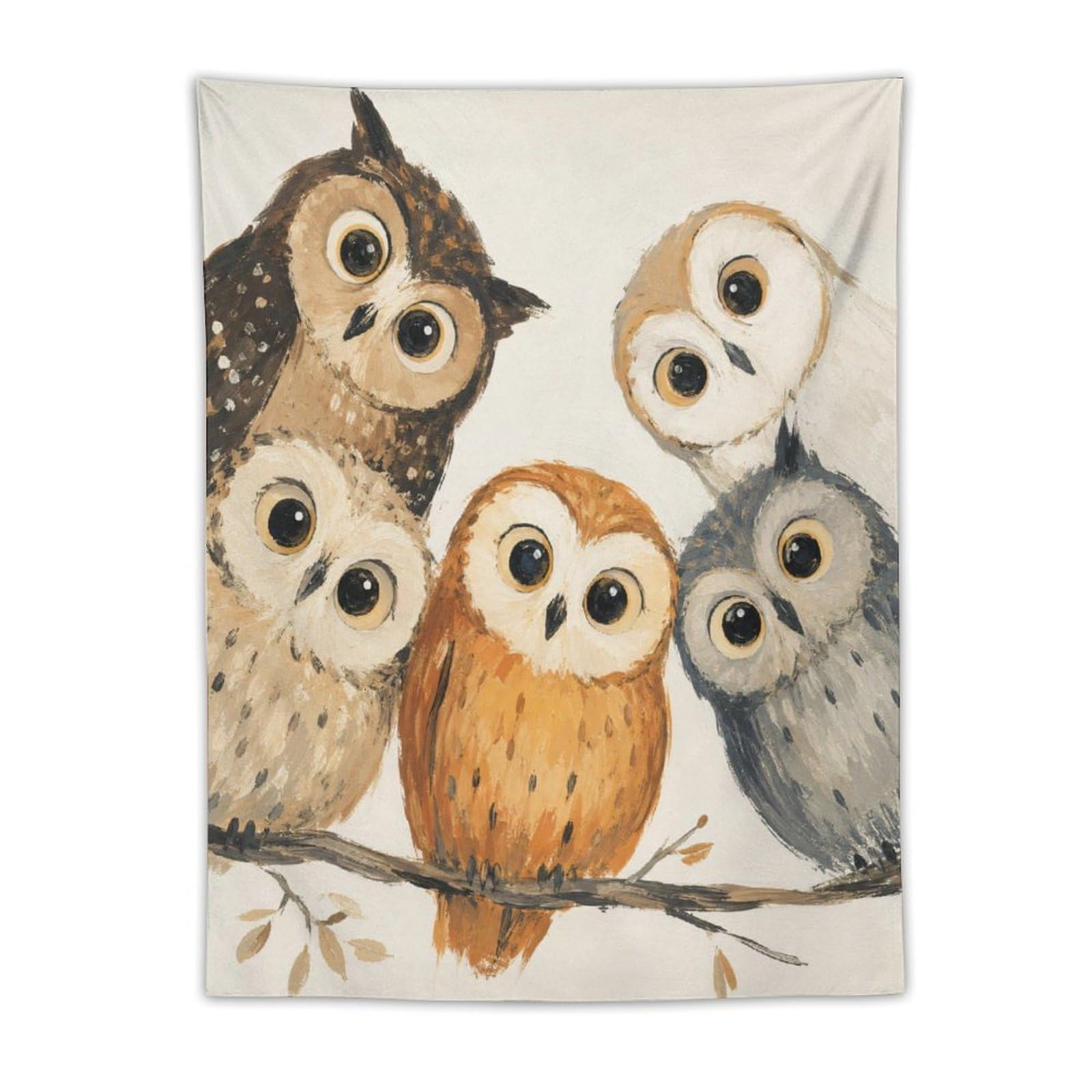 W7C8U2X3 Owl Family on Branch Wall Tapestry, Watercolor, College Dorm