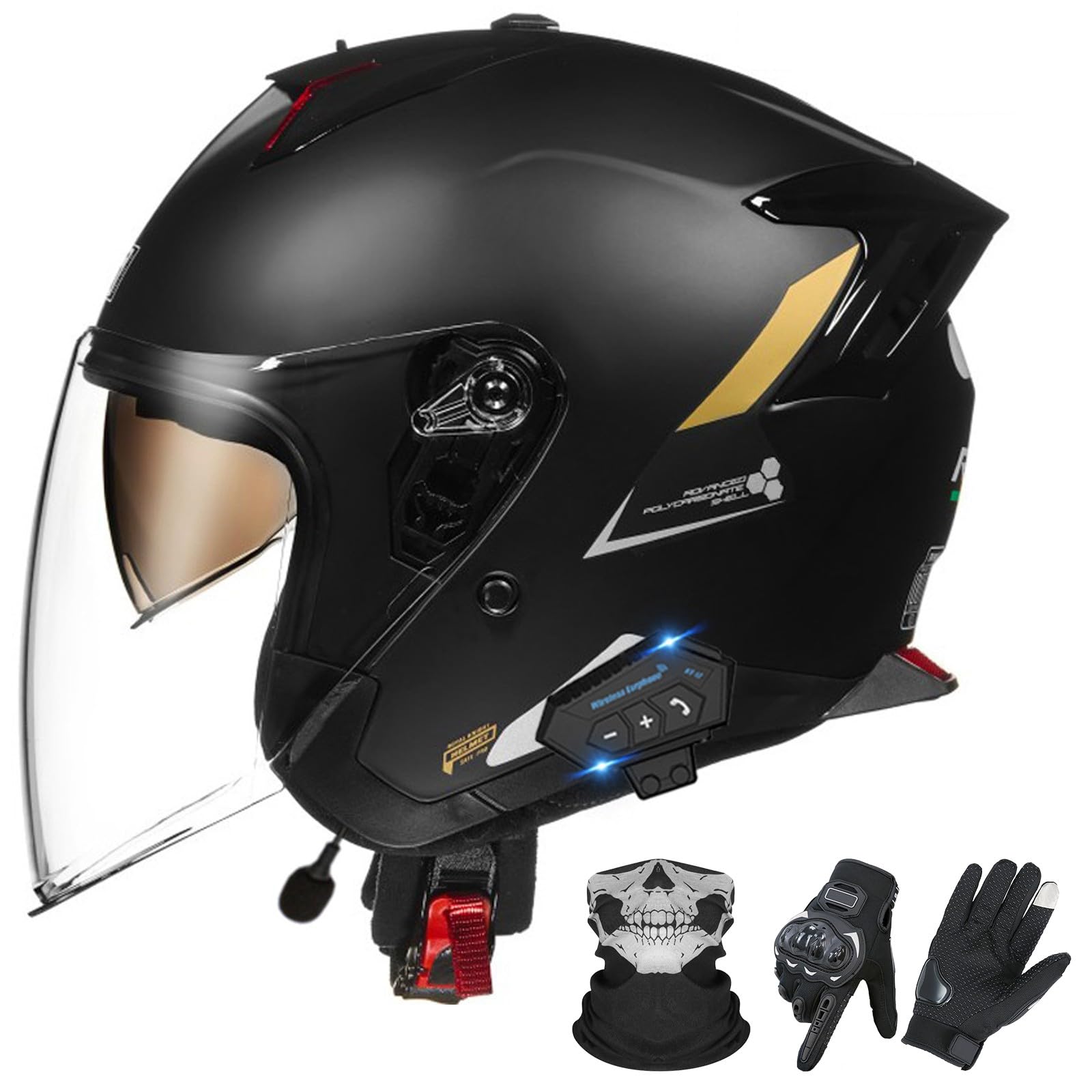 Casque Moto Open Face Bluetooth ECE 22.06 avec Feu Avertisseur B,54-62cm