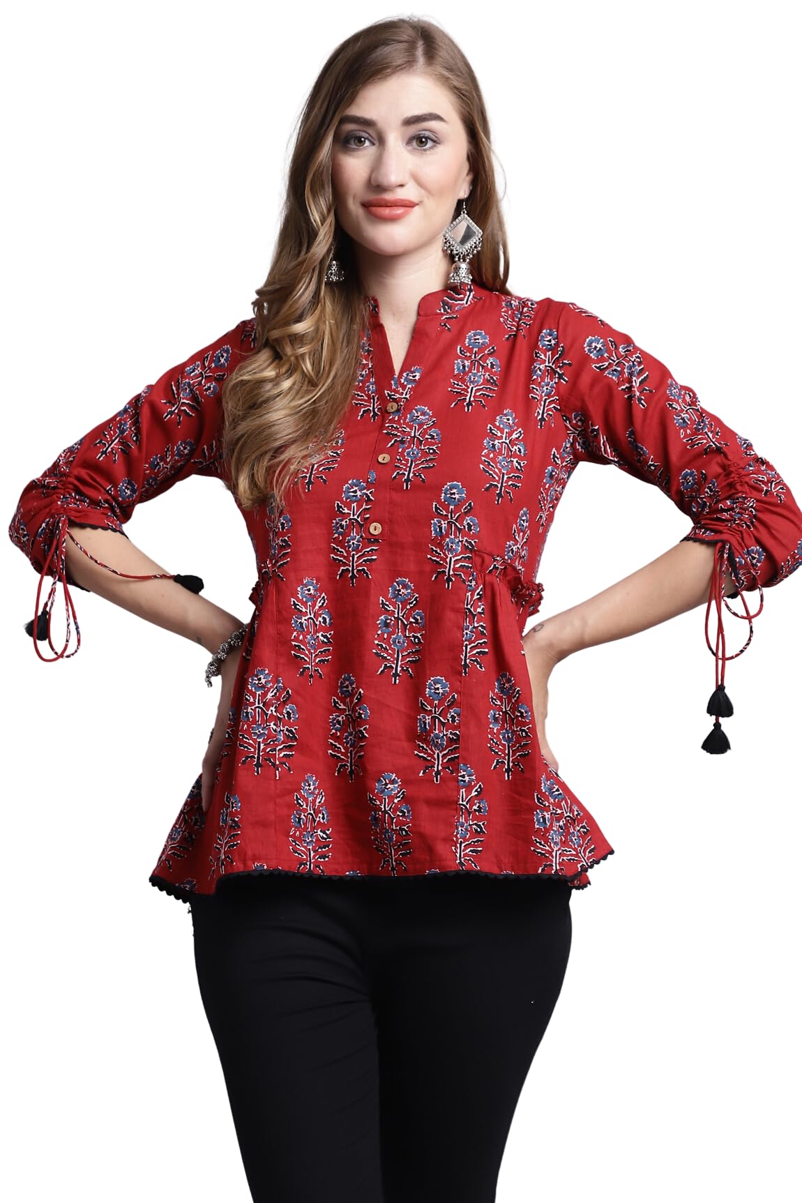 Women's Maroon Pure Cotton Jaipuri Printed Western Short Regular Fit Top (JOPLJPR716-P)