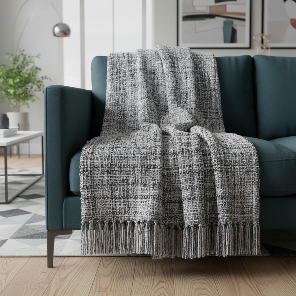 Luxus & Gemütliches Plaid | Plaid | Sofa Throw for All Seasons | 130x170 cm | Deko Wohndecke mit Quaste | Wolle, Polyester, Viskose | Grau