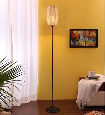 Devansh Thin Dholak Bamboo Shade with Iron Floor lamp