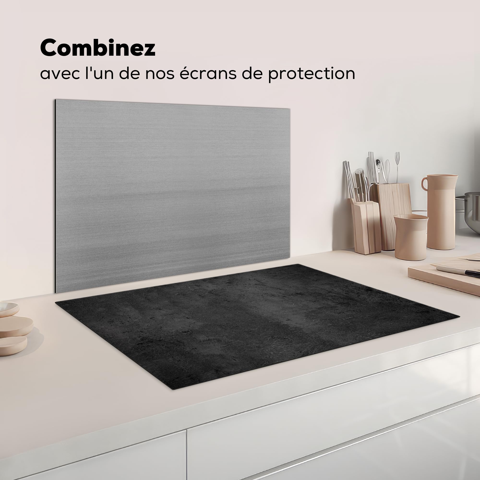 KitchenYeah Protection Plaque Cuisson Cache Induction 80x52 cm Béton Gris Noir