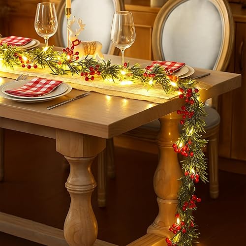 Miniatura 4 de Duraaamo 5 guirnaldas de Navidad preiluminadas con luces de estrella de 6 pies, 20 luces LED, guirnalda de bayas de acebo, funciona con pilas, con 8