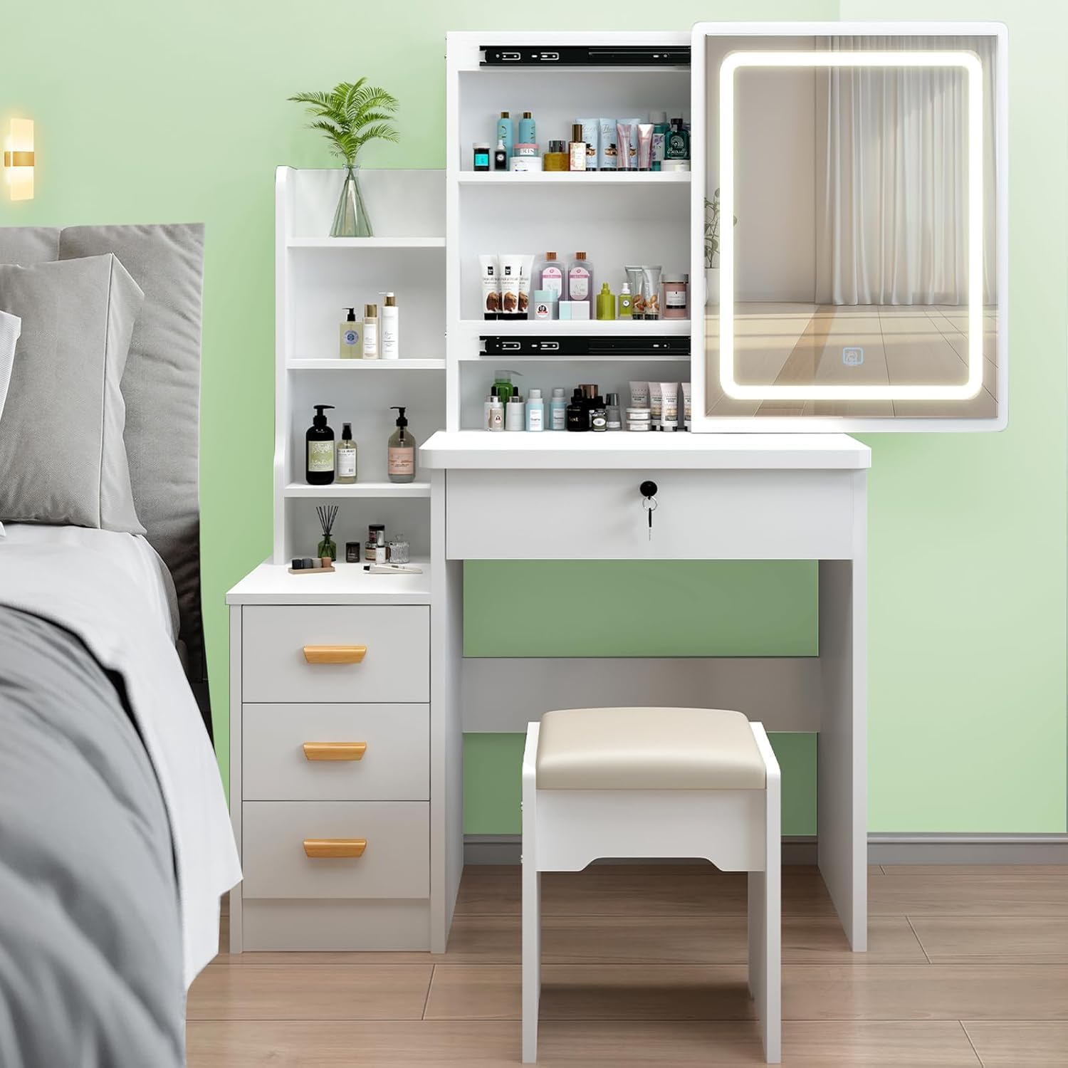 Vanity Desk with Lights,Makeup Vanity with Mirror,Dressing Table with 4 Large Drawers,6 Storage Shelves,Stool,Vanity Mirror 3 Lighting Color Adjustable,Makeup Vanity Table for Bedroom Dressing Room W