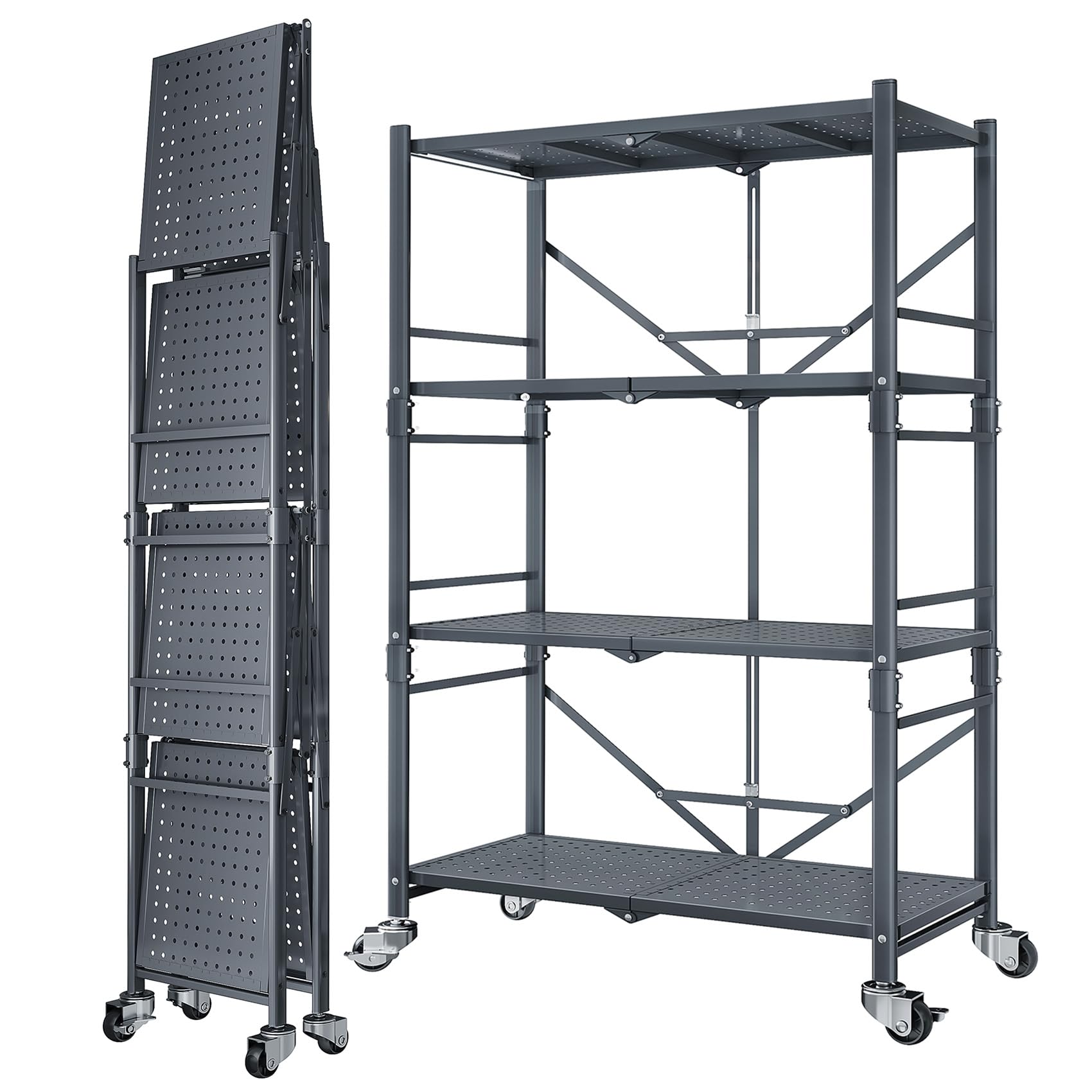 SNTD Folding Storage Shelves Metal Garage Shelving - 4 Tier Heavy Duty Foldable Shelf with Wheels, Grey, SN-WJZDJ-4T