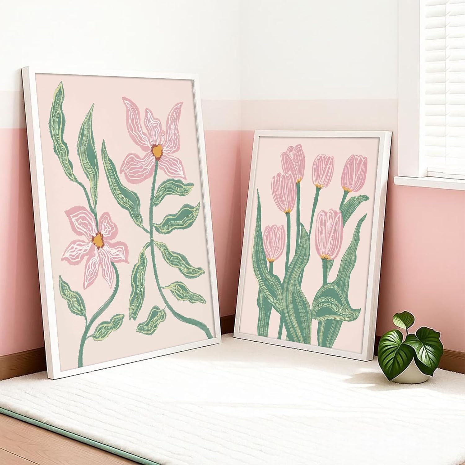 Framed Pink Tulip Florals Canvas Wall Art Set Of 3,Boho Pink and Green Wall Decor Pictures Abstract Botanical Flower Market Poster Prints Artwork for Living Room and Bedroom