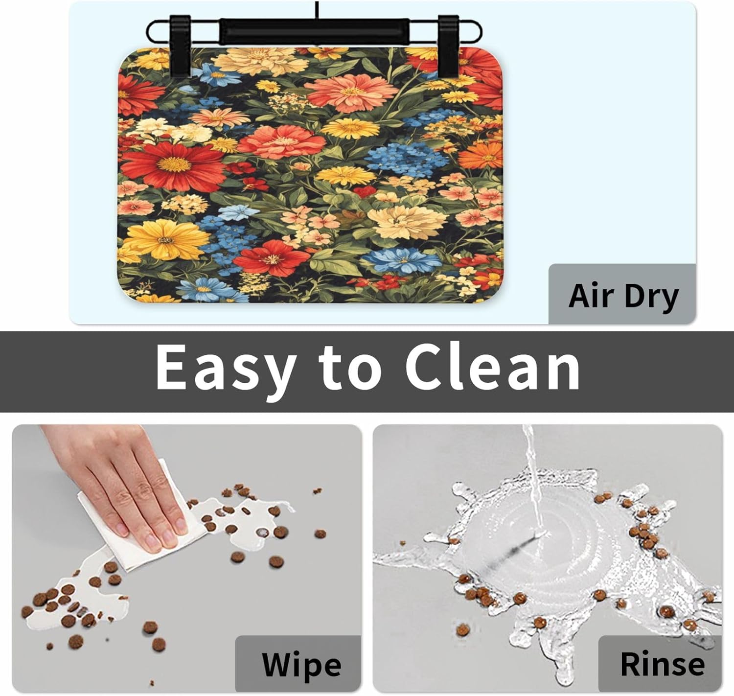 Colorful Flowers (3) Pet Food Mat Dog Non-Slip Feeding Mat Cat Bowl Mats Pets Placemat for Food and Water 40x60cm