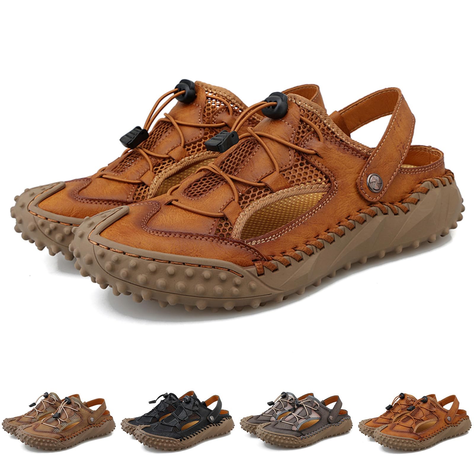 Sandales pour homme en cuir avec semelle intérieure - Sandales d'extérieur - Chaussures de loisirs - Sangle élastique - Sandales de trekking confortables - Sandales de randonnée légères et