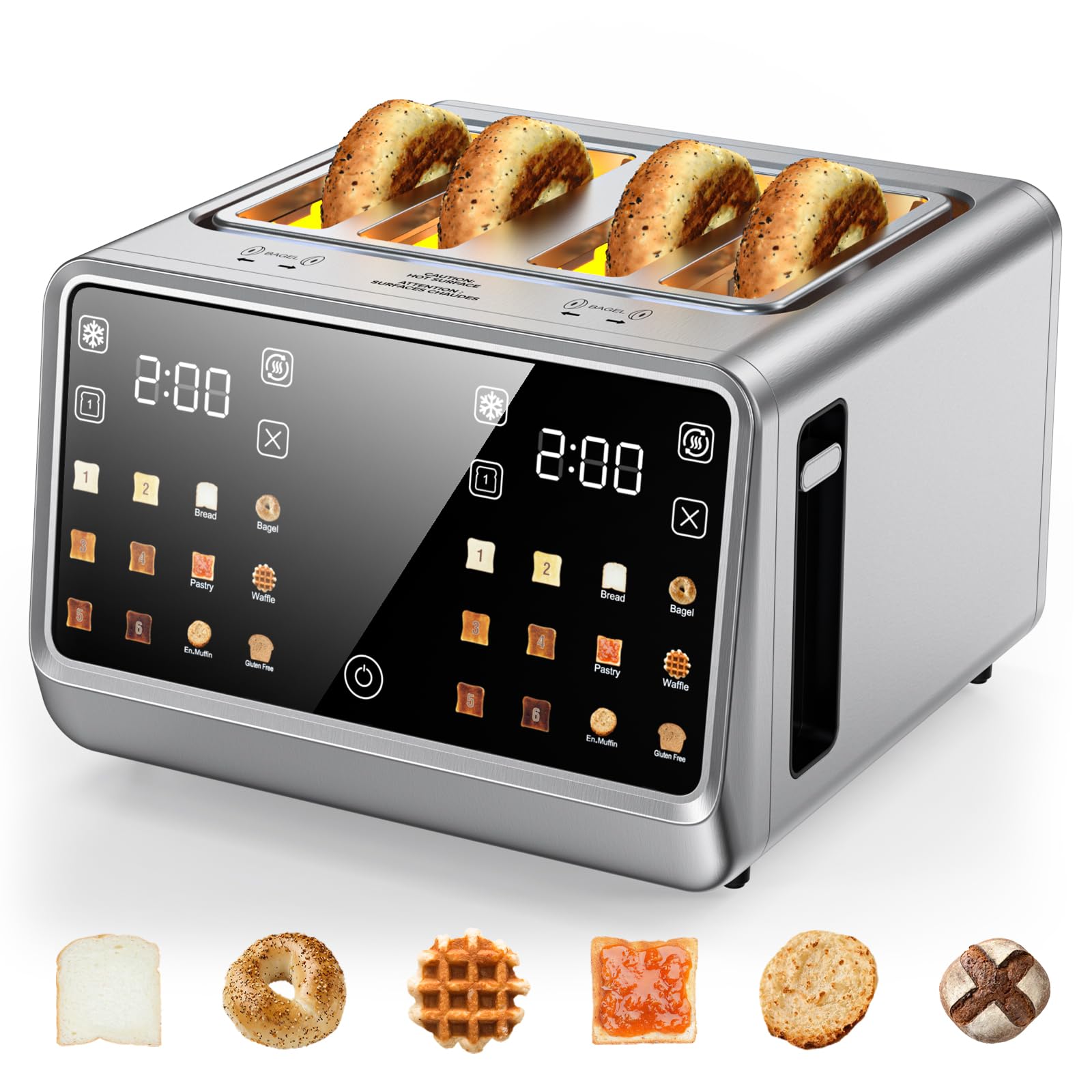 Touch Screen Toaster 4 Slice, Digital Smart Dual Control Touchscreen, Stainless Steel, 6 Toast Types & Levels include Bread, Bagel, with Defrost/Reheat/Single Slot Toasting Function