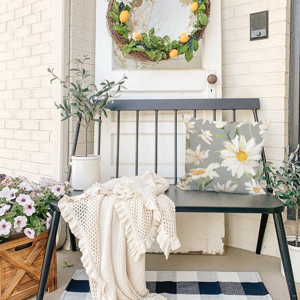 BAOKU Cushion Covers 45x45 cm Pillow Covers Spring Decorative Home Decor for Bed Couch Sofa Bedroom Office Pack of 4 Grey White flowers Pattern Linen Pillowcase - Image 2
