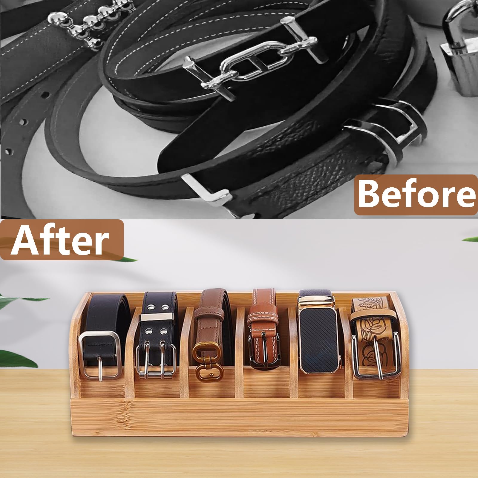 Organizer Cassetti per Cinture, 6 Scomparti Espositore per Cintura Portacinture-Porta Cintura in Bambù per Armadio e Cassetto, Organizer per Cinture da Uomo e da Donna