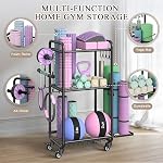 Home Fitness Storage Multifunctional Yoga Mat Shelf Sports Equipment Storage with Wheels & Hooks for Yoga Mats, Dumbbells, Foam Roller, Resistance Bands