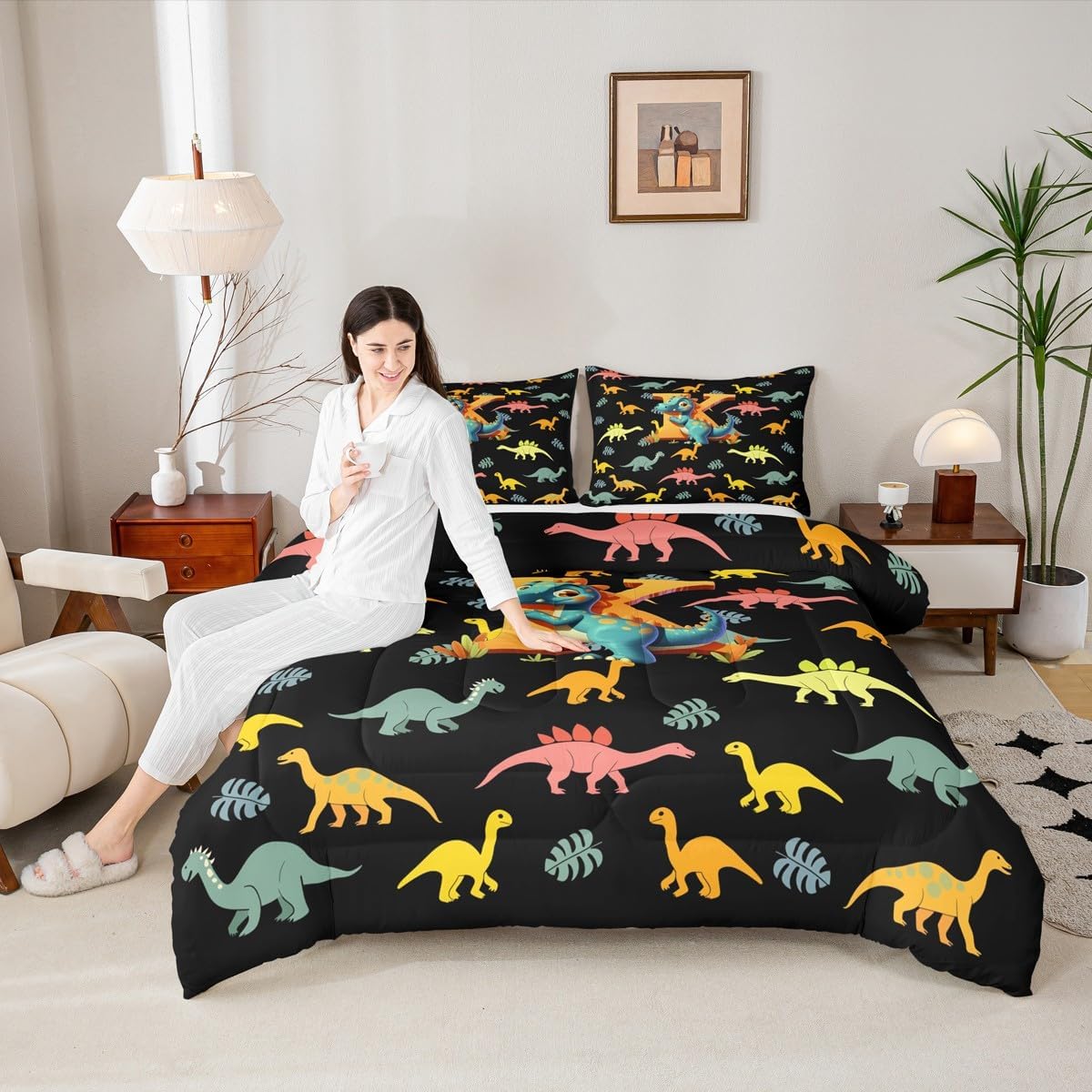 Feelyou Kids Cute Cartoon Dinosaur Comforter Set Twin Size Personalized Initial K Bedding Set for Boys Girls Kawaii Jungle Dino Funny Alphabet Pattern Duvet Quilt Room Decor