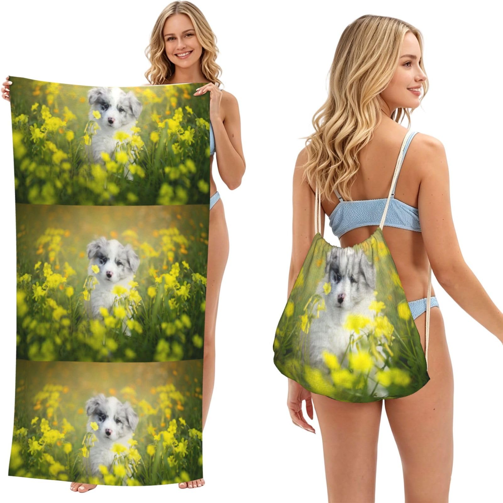 Poadnly Australian Shepherd Dogs Mall White Puppy, 2 in 1 Packable Towel Bag, Beach Towels with Drawstring Backpack for Travel Holiday Camping