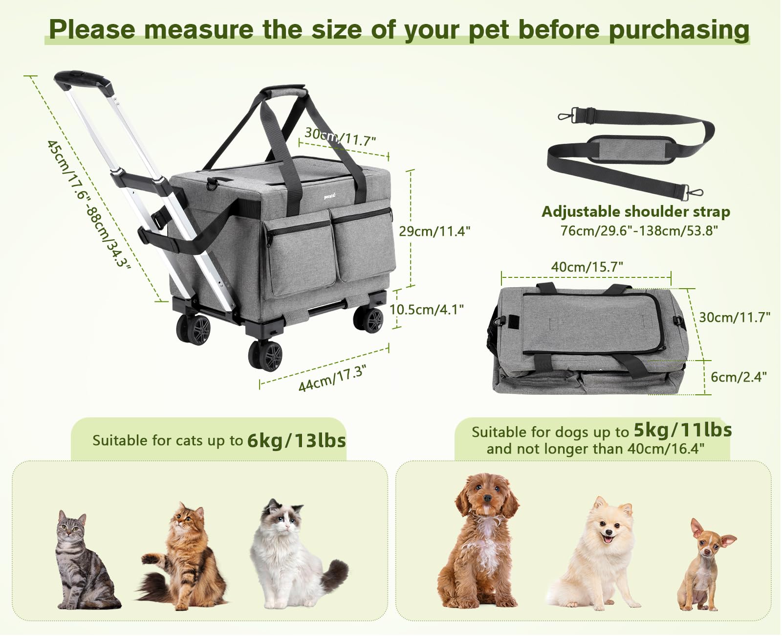 Pecute Trasportino Per Gatti Con Ruote, Trasportino Per Gatti e Cani Con Struttura In Filo D'Acciaio, Trasportino Stabile Per Cani, Borsa Per Animali Domestici E Passeggino, Grigio