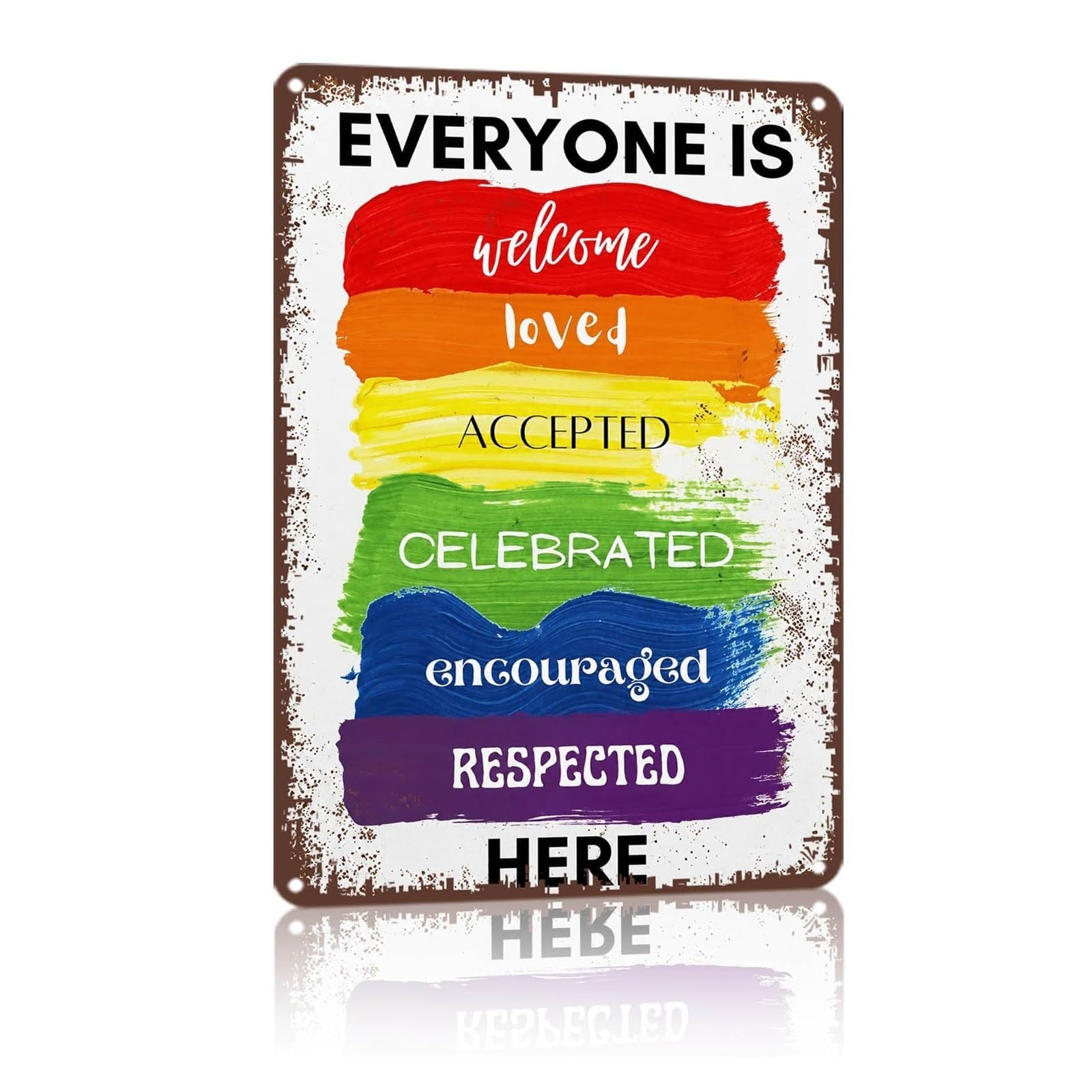 LLBOGRGGN Everyone Welcome Here Metal Sign Pride Rainbow Inclusive Message Tin Wall-Art Retro Distressed For Home Entryway Front Door 8 X 12 inch