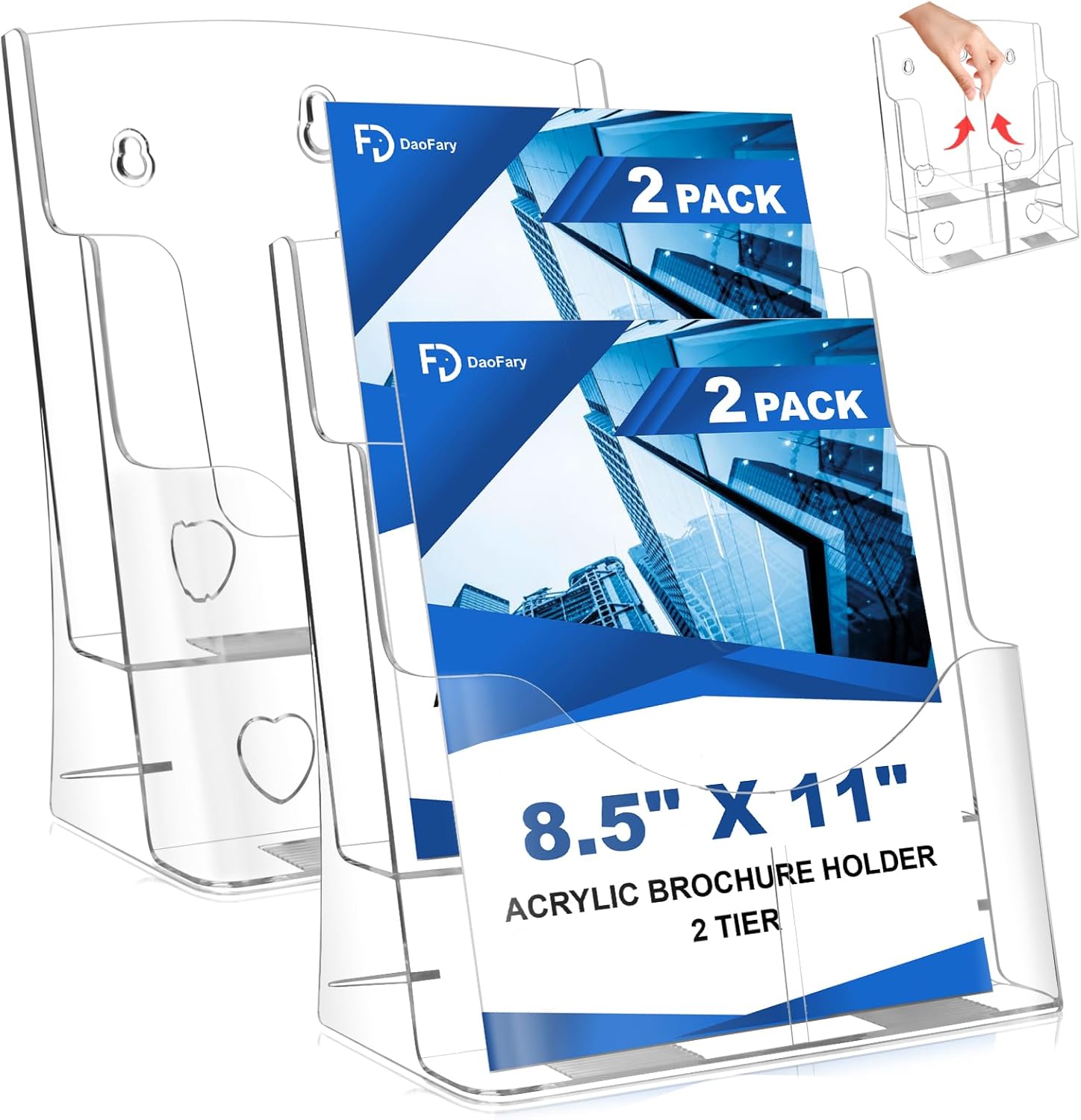 2 Pack Acrylic Brochure Holder 8.5 x 11 in, 2-Tier Brochure Display Stand with Removable Divider for 4 x 9 in Trifold Pamphlets, Clear Flyer Holder for Wall Mount or Countertop 2 Pack 2 tier