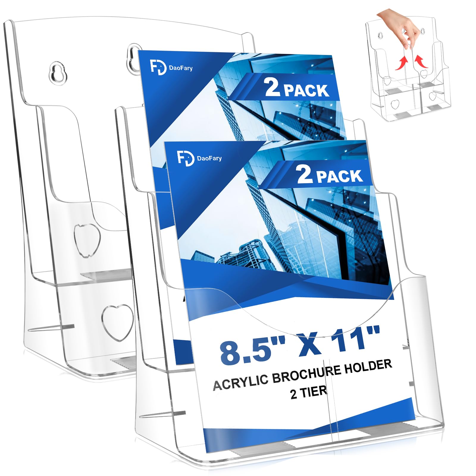 2 Pack Acrylic Brochure Holder 8.5 x 11, 2 Tier Brochure Display Stand with Removable Divider for 4 x 9 inches Trifold Pamphlets, acrylic flyer holder 8.5 x 11 Stands for Flyer, Pamphlet, Magazine
