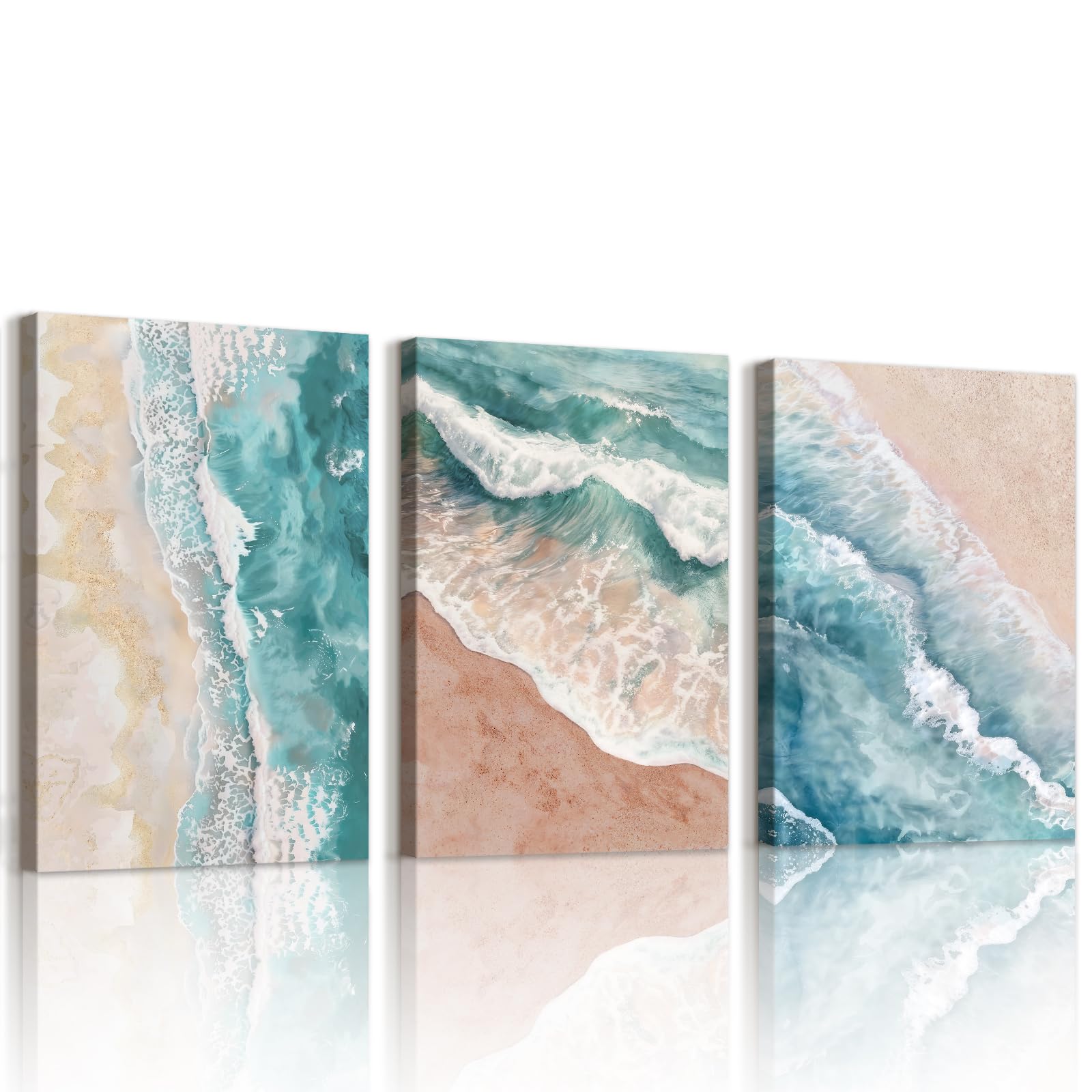 WENGTIAO Set of 3 Abstract Blue-Green Ocean Canvas Wall Art Framed Pictures, Natur Beach Sea Waves Painting on Canvas for Modern Living Room Bedroom Wall Decor 40x60cmx3