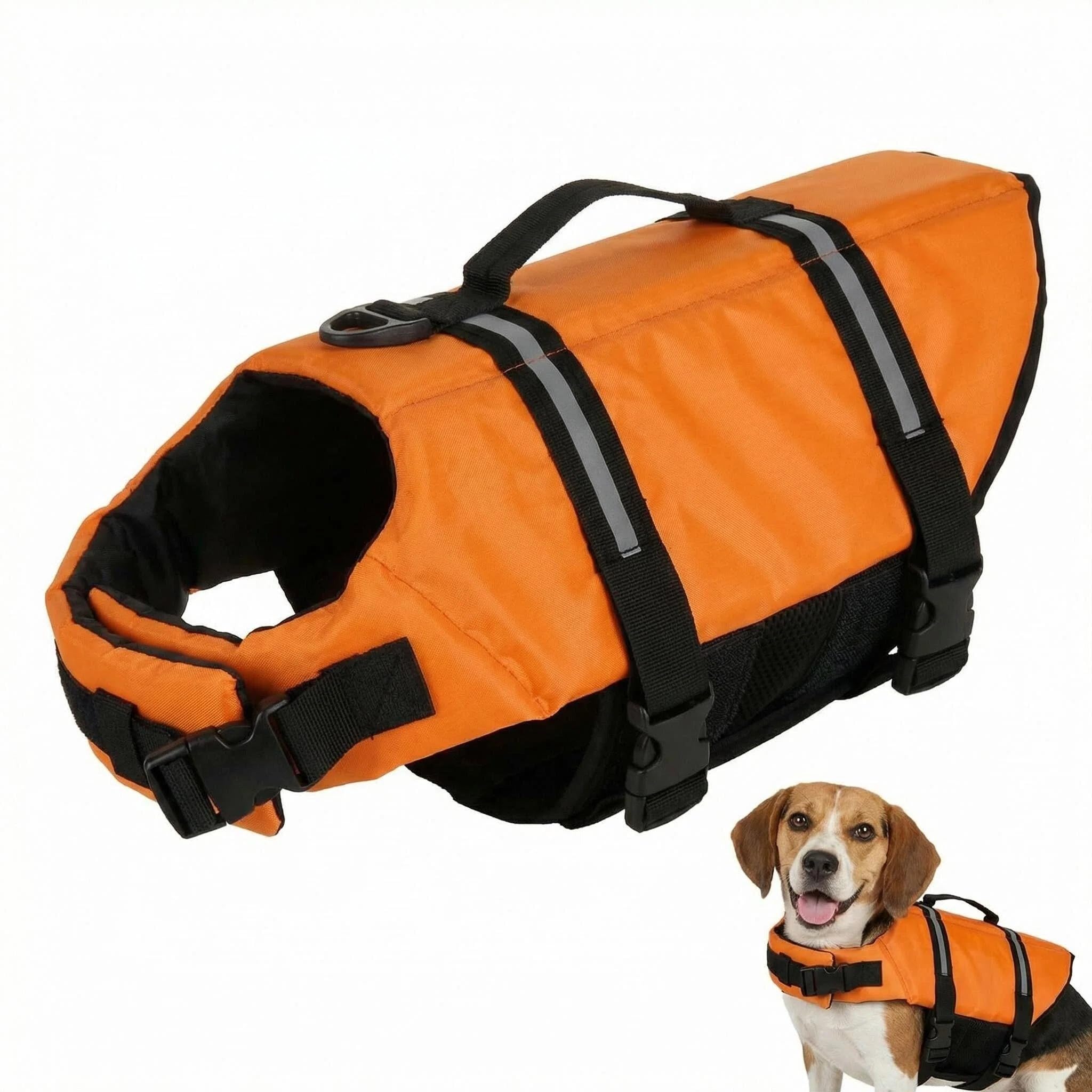 Satiskid Dog Life Jacket, Dogs Swimming Vest With Buoyancy & Safety for Small Dogs, Dog Life Vest With Rescue Handle & Reflective Elements For Water Sports Pool And Beach, Orange, S