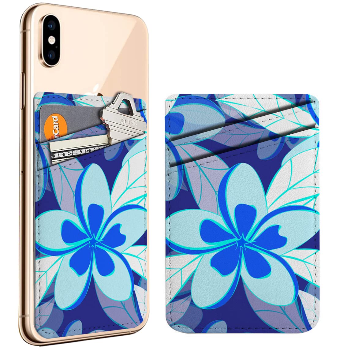 Pack of 2, Leather Cell Phone Wallet ( Tropical Plumeria Flower Nature Flowers Pattern ) Adhesive Card Holder Sleeves Credit Business ID Cards Pocket