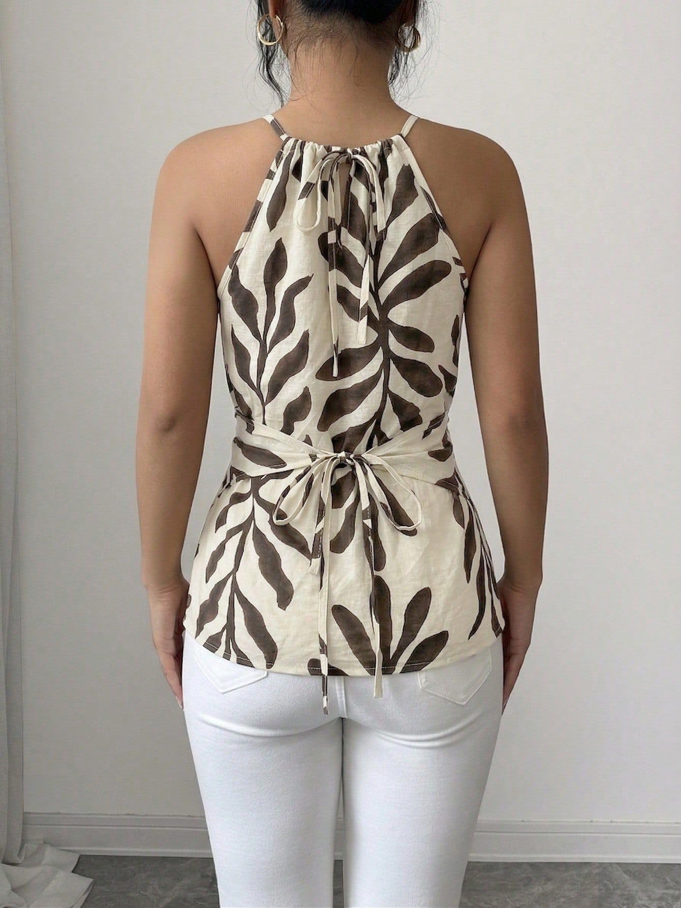 Ausgeh-Tops für Damen, Blattdruck, Bluse, Perlenausschnitt, Wickelvorn, unregelmäßiger Saum, schmale Passform, Neckholder-Tops für Damen