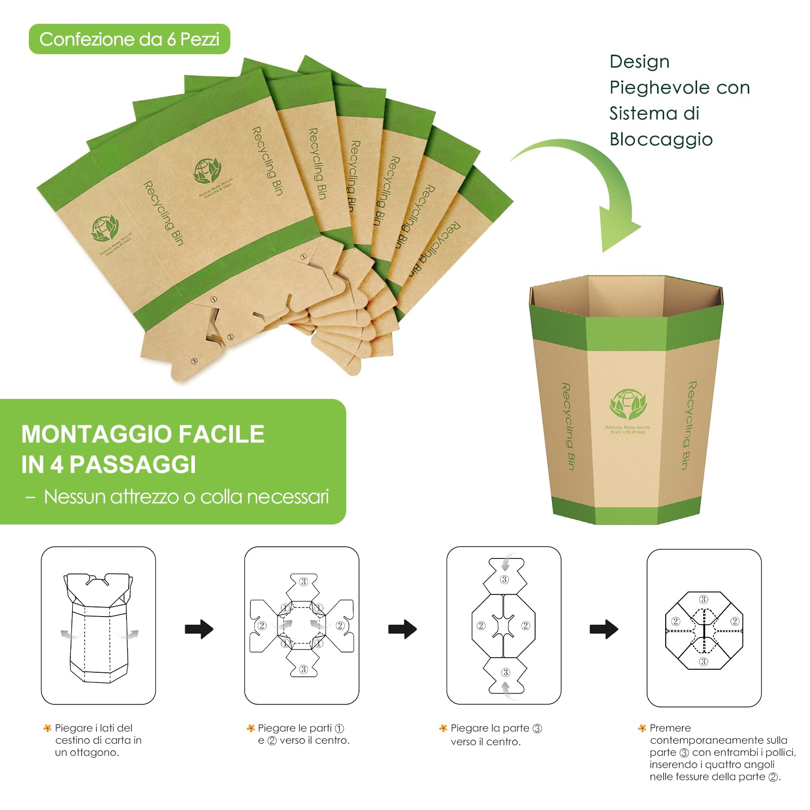 Set da 6 Cestini Spazzatura in Cartone–Cestini Pieghevoli, Riciclabili, Senza Plastica e Riutilizzabili–Piccoli Pattumiera Perfetti per Uffici, Camere da Letto, Casa, Eventi e Attività all’Aperto(12L)