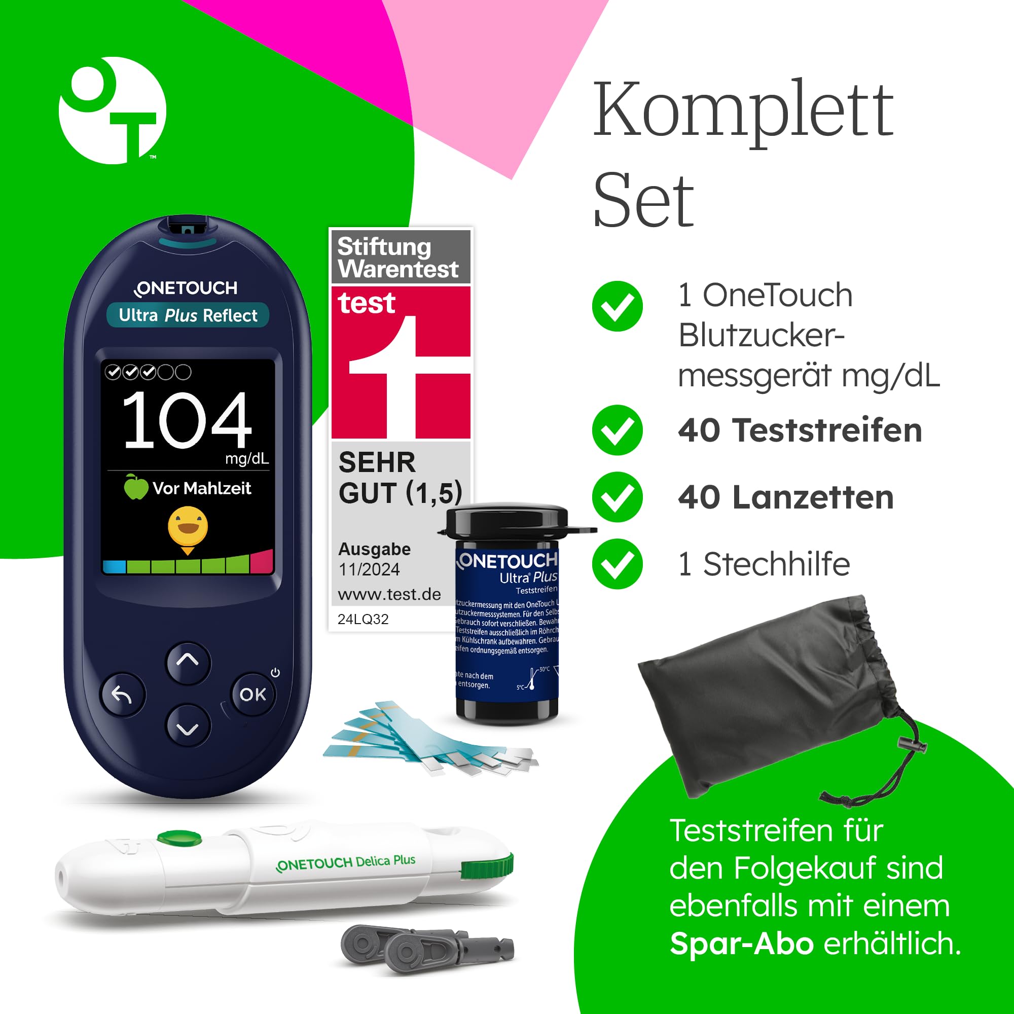 OneTouch Ultra Plus Reflect® Blutzuckermessgerät Set – Starterset Diabetes mg/dL – Inkl. 40 Teststreifen & 40 Lanzetten – Präzise Messung, einfache Anwendung – Stiftung Warentest SEHR GUT (1,5)