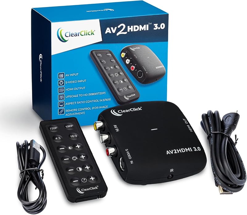 AV to HDMI Converter 3.0 (Third Generation) - 1080P RCA or S-Video to HDMI Upscaler - with Remote Control for Image Adjustment - VHS, VCR, Camcorder, DVD, TV, Gaming Systems, PAL, NTSC