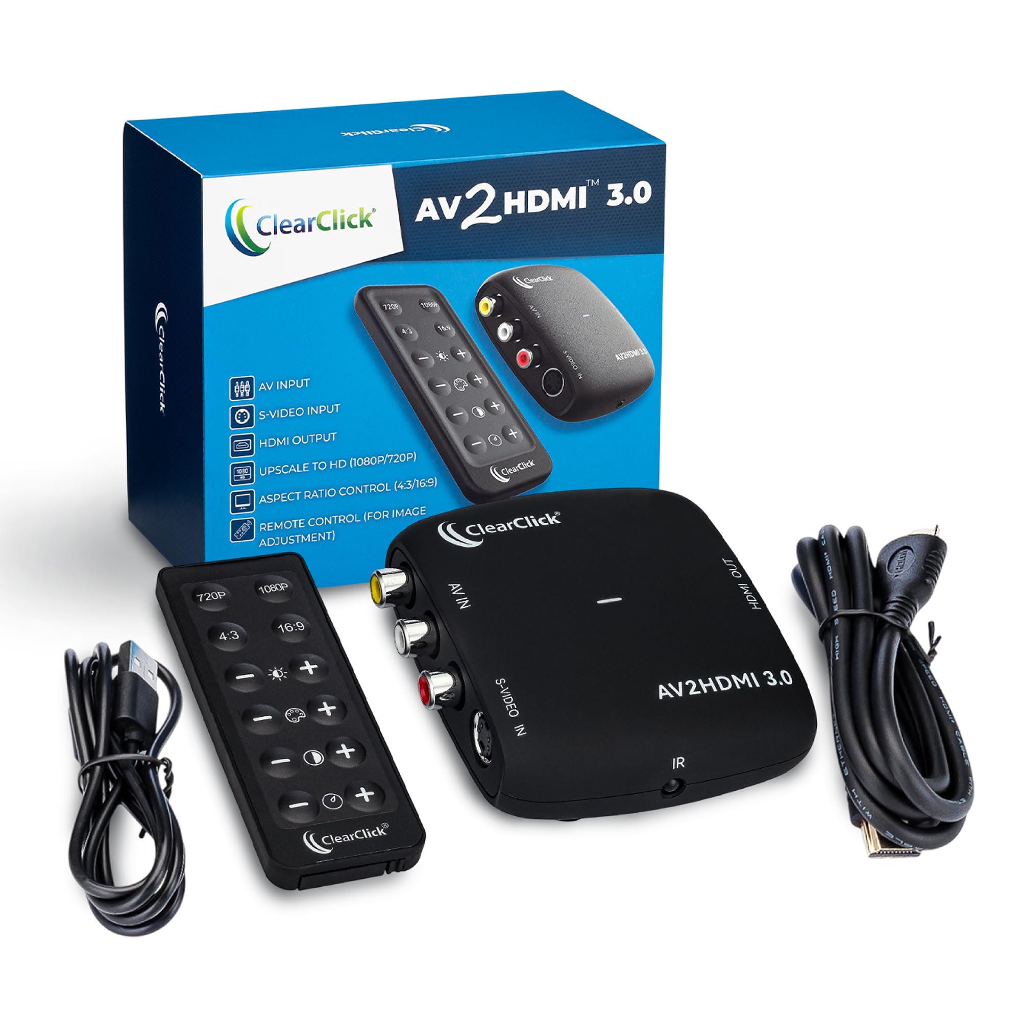 ClearClick AV to HDMI Converter 3.0 (Third Generation) - 1080P RCA or S-Video to HDMI Upscaler - with Remote Control for Image Adjustment - VHS, VCR,