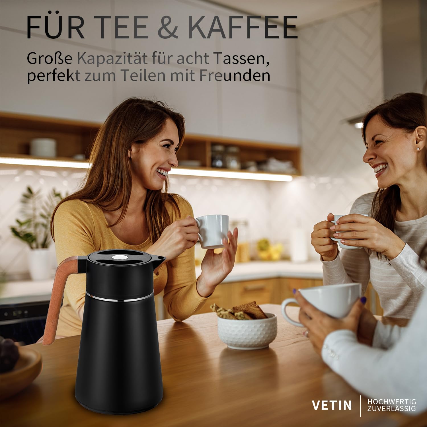 VETIN Termo con colador de té de 1,5 l de acero inoxidable 304, jarra térmica | A prueba de fugas, 10 h caliente y 16 h frío, para té, café y bebidas frías