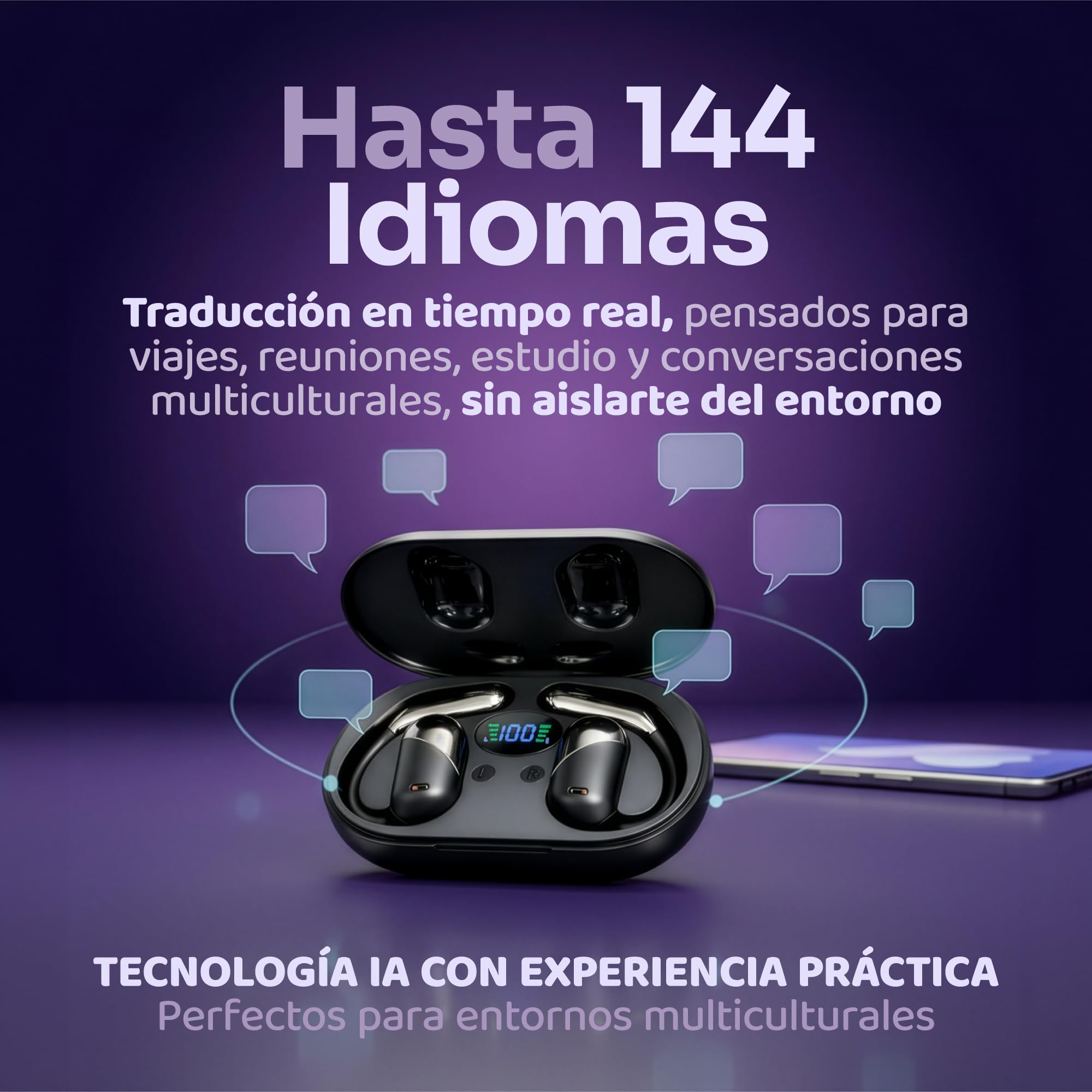 Auriculares Traductor en Tiempo Real con IA - Traductor Instantáneo de Voz para 144 Idiomas - Dispositivo Traductor de Oído Abierto 3 en 1 con Estuche de Carga para Viajes/Negocios/Aprendizaje.
