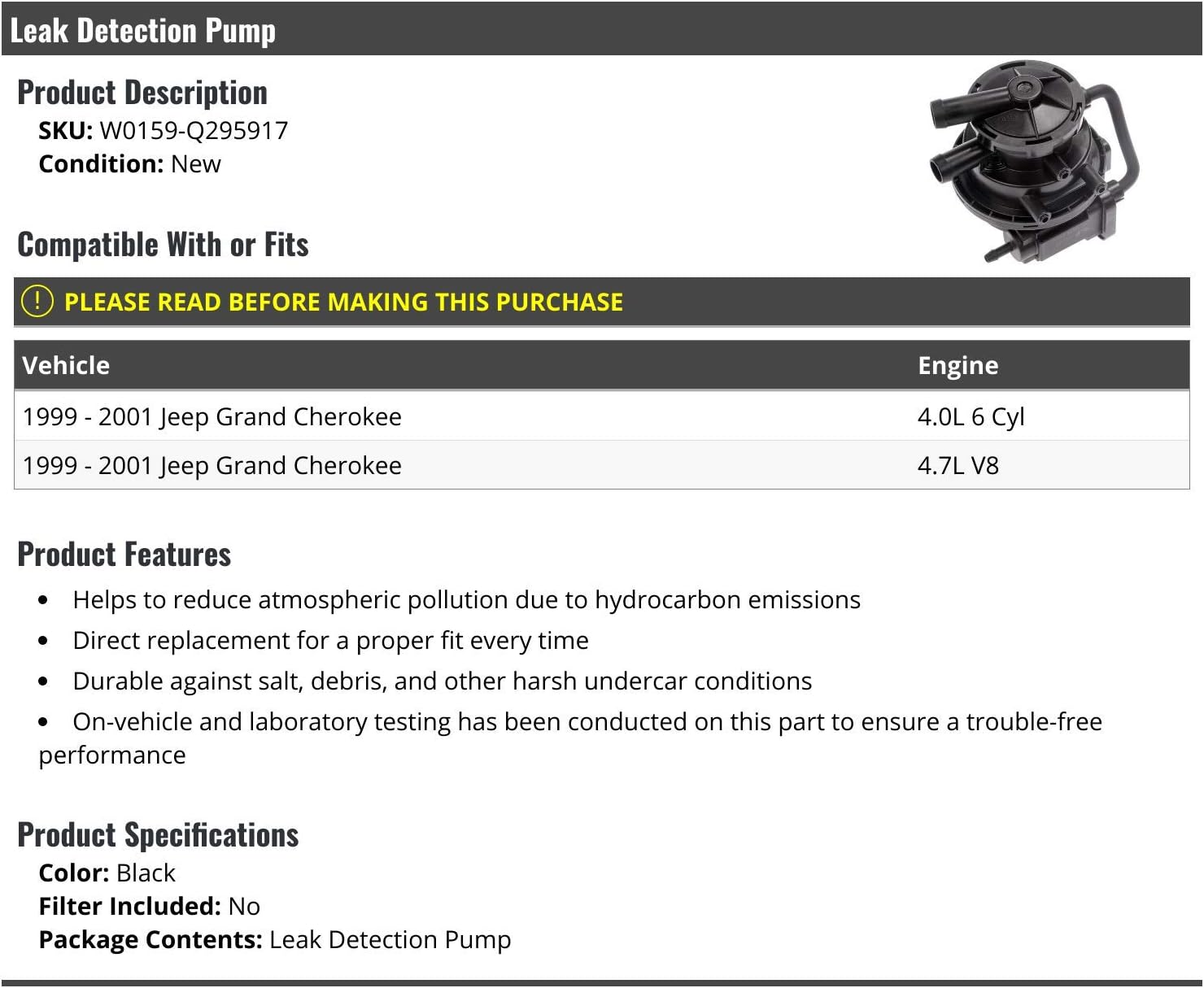 Leak Detection Pump - Compatible with 1999-2001 Jeep Grand Cherokee