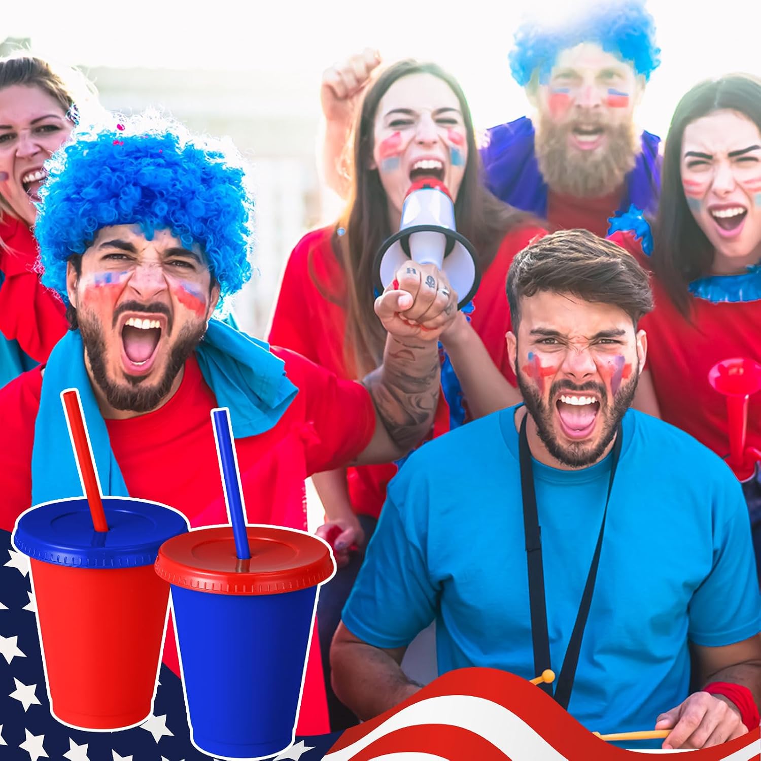 Skylety 16 Pcs Plastic Cups with Lids and Straws 16 oz Plastic Cups Coffee Reusable Tumbler Water Bottle Holiday Party Supplies Gifts for Drinking Coffee Cocoa(Red,Blue)